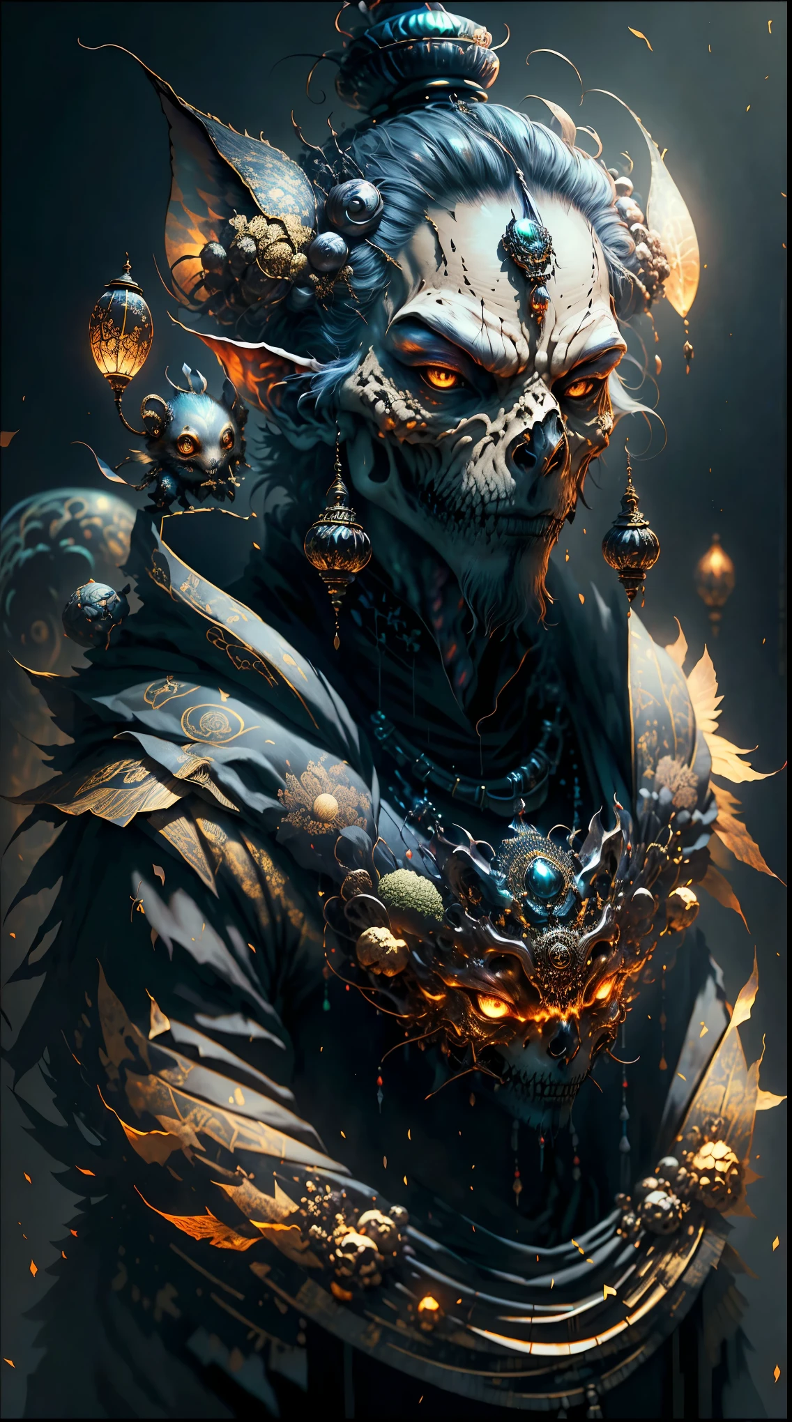 3D young and handsome((Male aristocracy))Close up - portrait with crown,Wear a ram skull。Beautiful intricate Japanese crow, fox mask and crumbs Japanese kimono。a betta fish, jellyfish pheonix, Bio-luminescence, plasma, icey, Eau, ventania, organism, Wu Ya and WLOP and works of art by Bippel and Greg Rutkowski, creature00d, (Amber theme:0.7), Male aristocratic ghosts, mathematician,