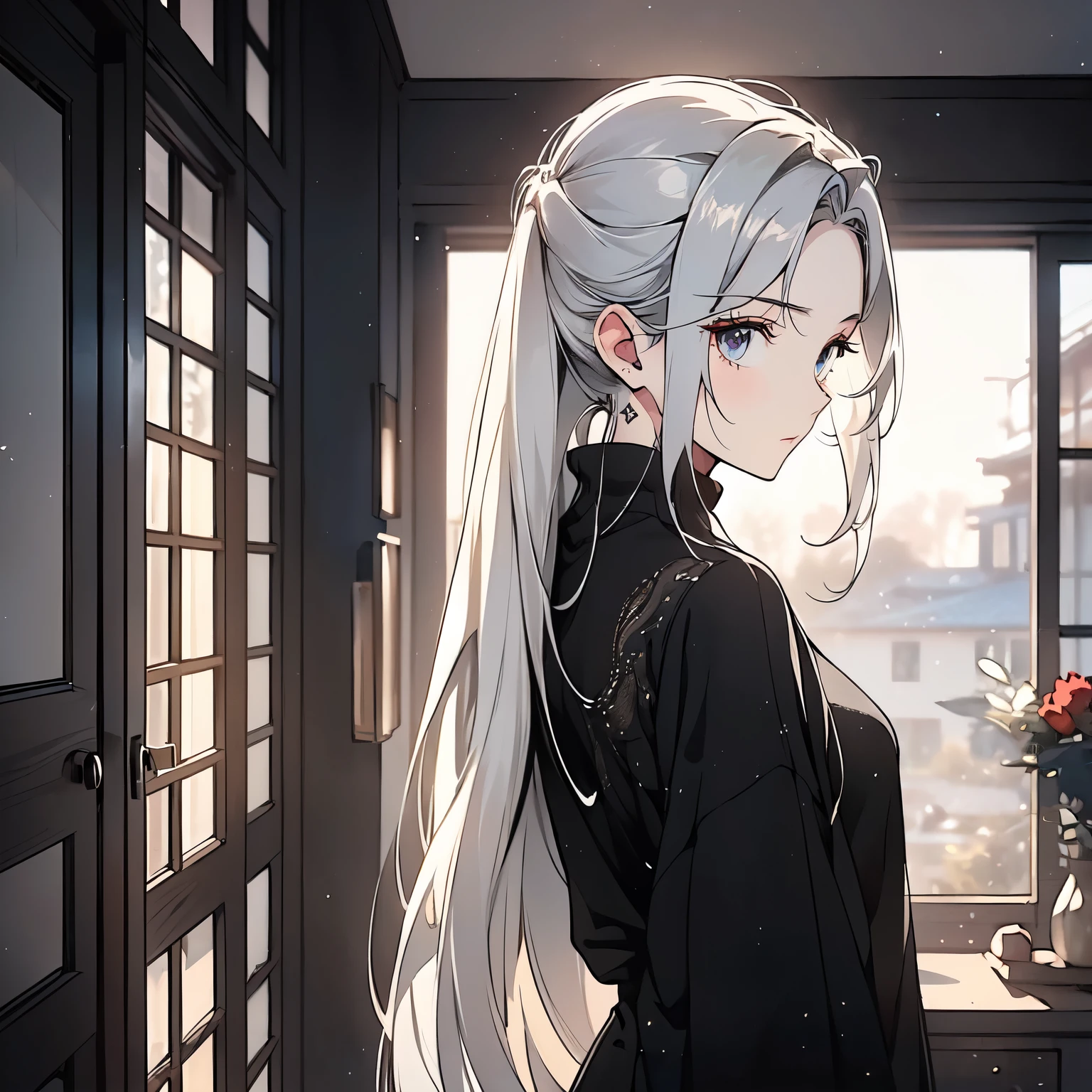 A white hair,20-year-old girl in a black sweater,Standing with my back to the living room of the house,Looking out the window,Expression of indifference(Upper body display:1.5)(cinematic lighting:1.5))(ultra-high detail:1.5)(best quality:1.5)