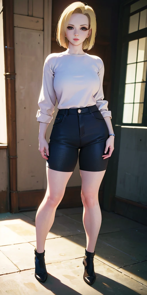 8k, best quality, masterpiece:1.2) (realistic, photo-realistic:1.37) (full body) 1female solo girl, standing, legs apart (wide stance) standing contrapposto, ultra-detailed, cute (Android 18) from DBZ