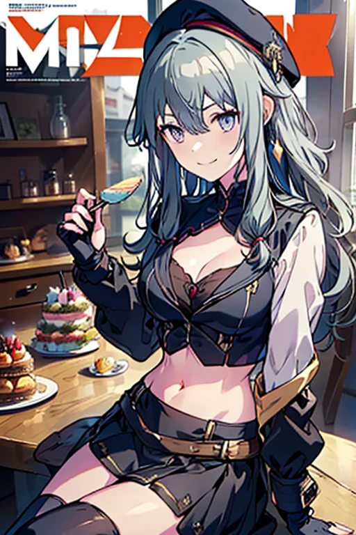 (from below:1.2),(from side:0.9), ((beautiful Face)), (Close-Up:0.6), ((looking at viewer, holding a icecream)),(Italian sweets magazine cover:1.4), highest quality、(real、photorealistic:1.5),(ultra high resolution,dark blue hair,long hair,side ponytail,hair between eyes,bangs, (beret, black jacket, cleavage:1.4, midriff, black perfect medium skirt, black thighhighs, thigh strap, fingerless gloves, single glove:1.2), (double breasted,under bust:1.2), sitting at a table, cute, visual of a cute girl, cute girl, eating cakes, young girl, guweiz, high quality anime artstyle, anime girl, artwork in the style of guweiz, beautiful girl, pretty girl, official artwork,(with sparkling eyes and a contagious smile),her thin pubic hair, looking at viewer, pose muy sexy"