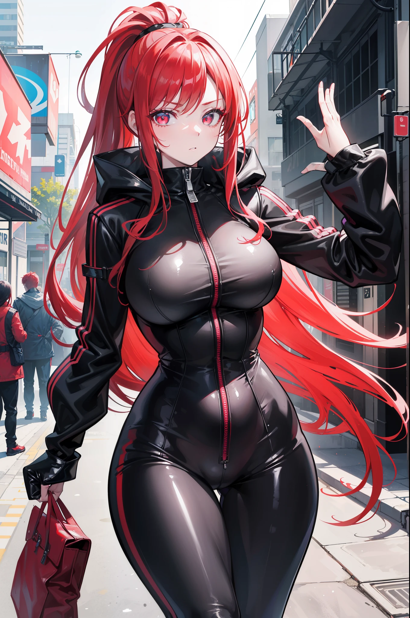 A captivating digital art piece showcases a redheaded woman with a struck expression, her scarlet tresses tied neatly in a ponytail. Her bright, super-detailed eyes convey a sense of fear and embarrassment, while her full lips are painted an alluring shade of red. With a chiseled physique and wide hips, she stands out in her closed black leather jumpsuit. The gleaming surface of the jumpsuit accentuates her curves, showcasing her hourglass figure. A windbreaker with a hood, featuring a bold neon pink interior, covers her shoulders. As she walks down the bustling street, her presence draws curious glances from persby. This