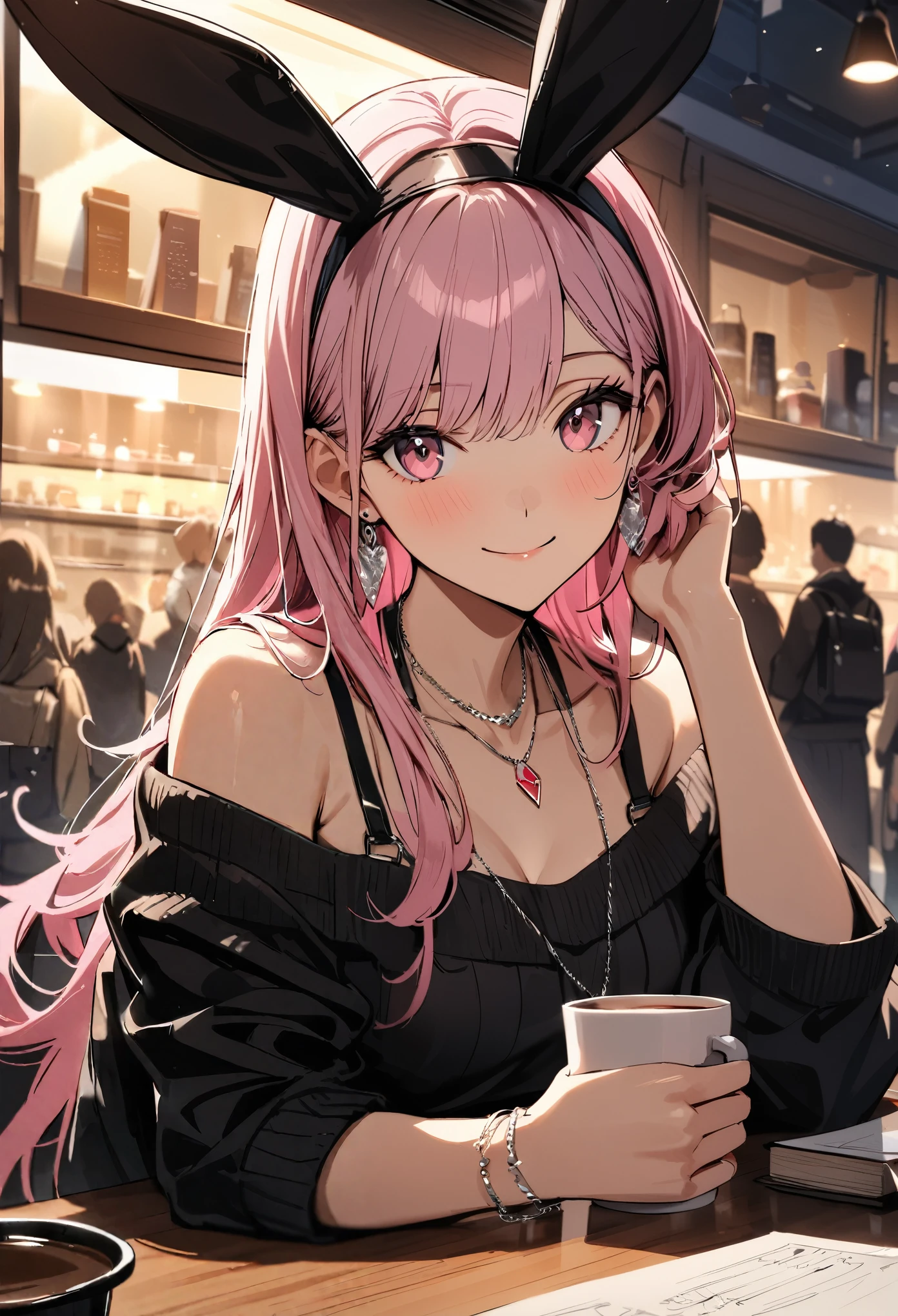masterpiece, highest quality, Ultra high definition, Ultra-fine, 4K, 8k, highest quality, beautiful, Cute Woman, alone, (beautiful pink hair, beautiful pink eyes, beautiful eyes, Long Hair, Bunny ears, smile),
Break A cozy cafe scene, Coffee on the table, food, Coffee cup, Crowd in the background,
Breaking Prada, necklace, Earrings, accessories, bag,
Great lighting, bloom, Exceptional resolution, Super Detail, highest quality, High resolution, Audio Notes,