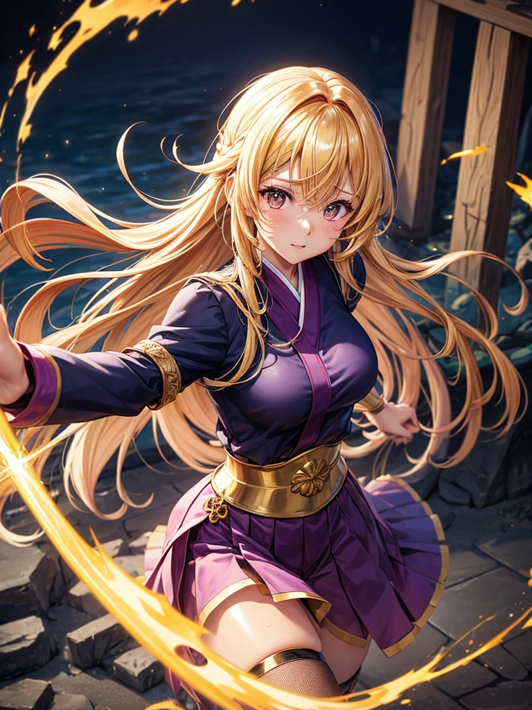 (highest quality)), ((masterpiece)), (Familiar), Perfect Face,Shiny skin,Beautiful breasts,how,Shiny skin、Kyoto Animation style painting、Golden Hair、Golden Eyes、Sunburned skin、night、Holding a Japanese sword、ruins、Combat Stance、Fishnet tights、Braided Hair、spats、inner、Kunoichi clothes、Purple clothes、Wearing a golden aura、Golden Mist、shock wave