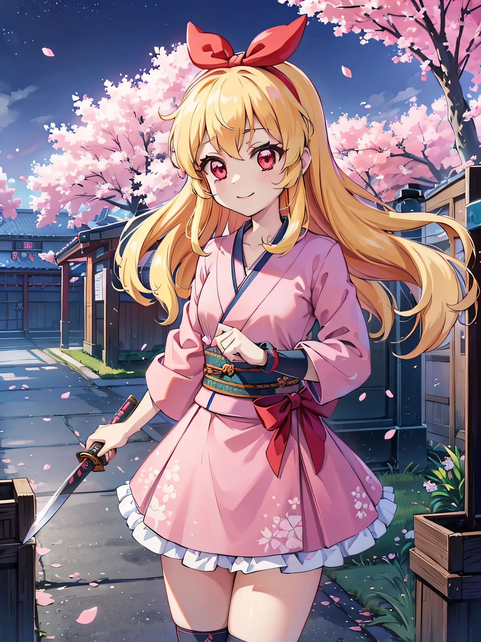 absurdres, absolutely resolution, incredibly absurdres, highres, ultra detailed, official art, unity 8k wallpaper,
BREAK
1 girl, soro, long hair, blonde hair, bow, kimono blazer, kimono skirt, over black legwear,, doyagao, smile, red eyes, kimono, cherry blossom print,
BREAK
holding weapon, holding katana, (katana:1.2), fighting stance, cowboy shot,
BREAK
(cyberpunk:1.1), cyber city, neon city, cyber street, japanese night, cherry blossoms, sakura fubuki, Ichigo Hoshimiya (Aikatsu!)