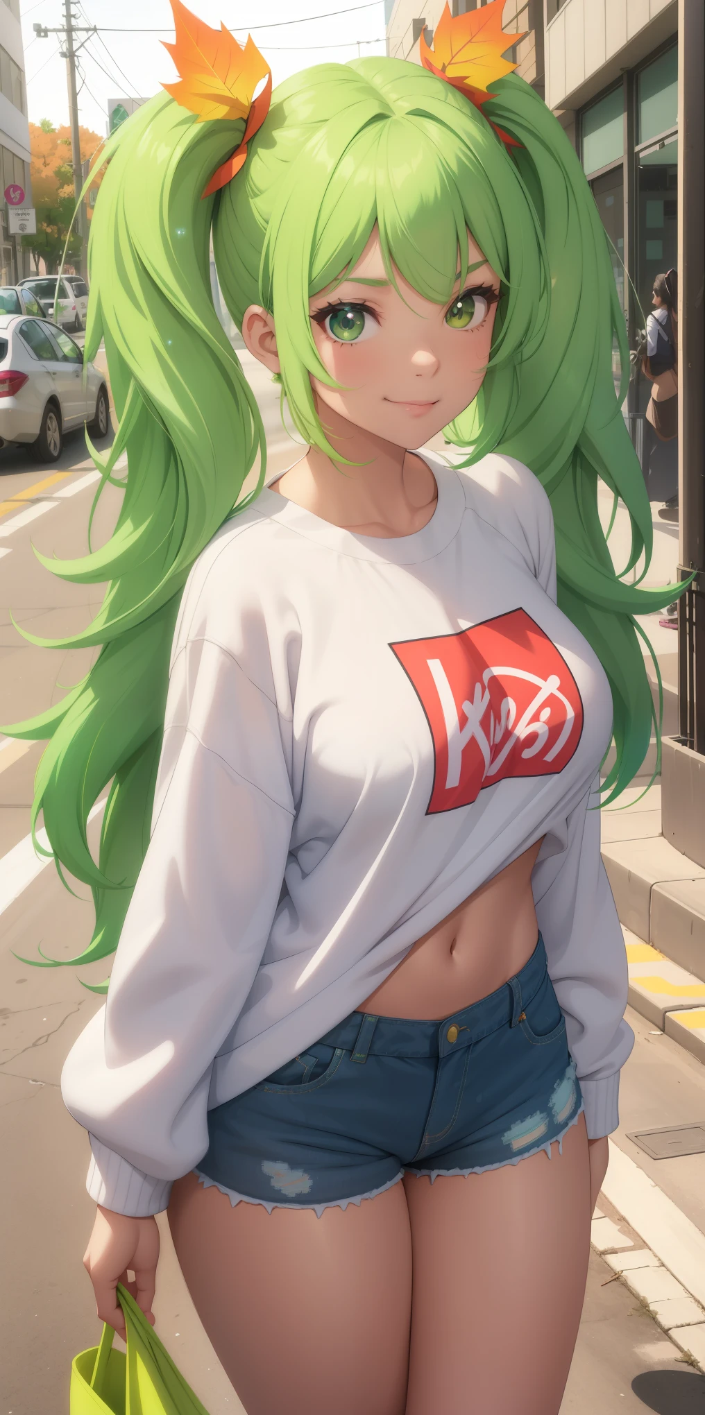 Kayra is a beautiful and cute girl with bright neon green hair, voluminous pigtails, flirting with the viewer, sparkle in her eyes, detail oriented, Kayra is very charming, but because she suffers a lot of judgment and intimidation from the other girls in her class and is often cornered by the girls. Kayra is on the street, town, autumn with trees Kayra has a cute and romantic smile, Kayra is secretly in love with you, but she is afraid to approach and talk to you. Kayra: *I wonder if he will judge me*. I'll talk to him? beautiful white camo sweatshirt, red_short shorts