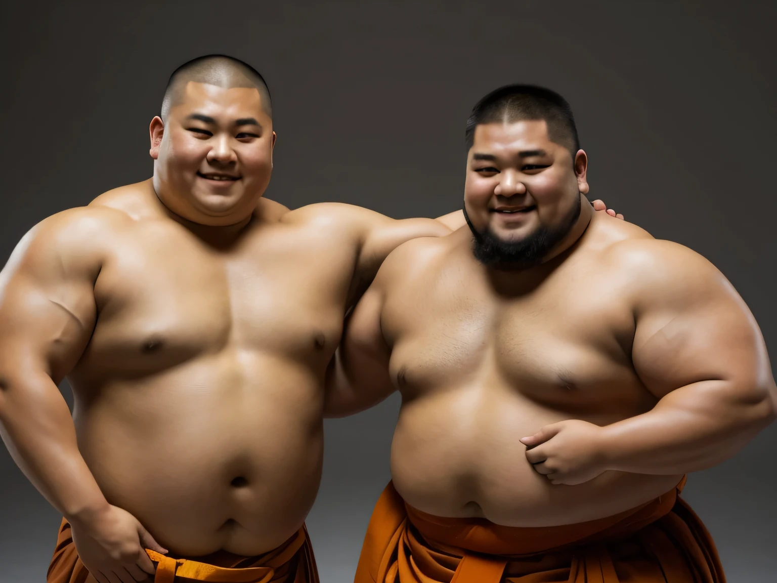 A young monk from ancient Japan, who looks like a fat bodybuilder like a sumo wrestler、A young monk from ancient Japan, looking like a fat bodybuilder like a sumo wrestler, standing with his arm around his shoulders in joy
