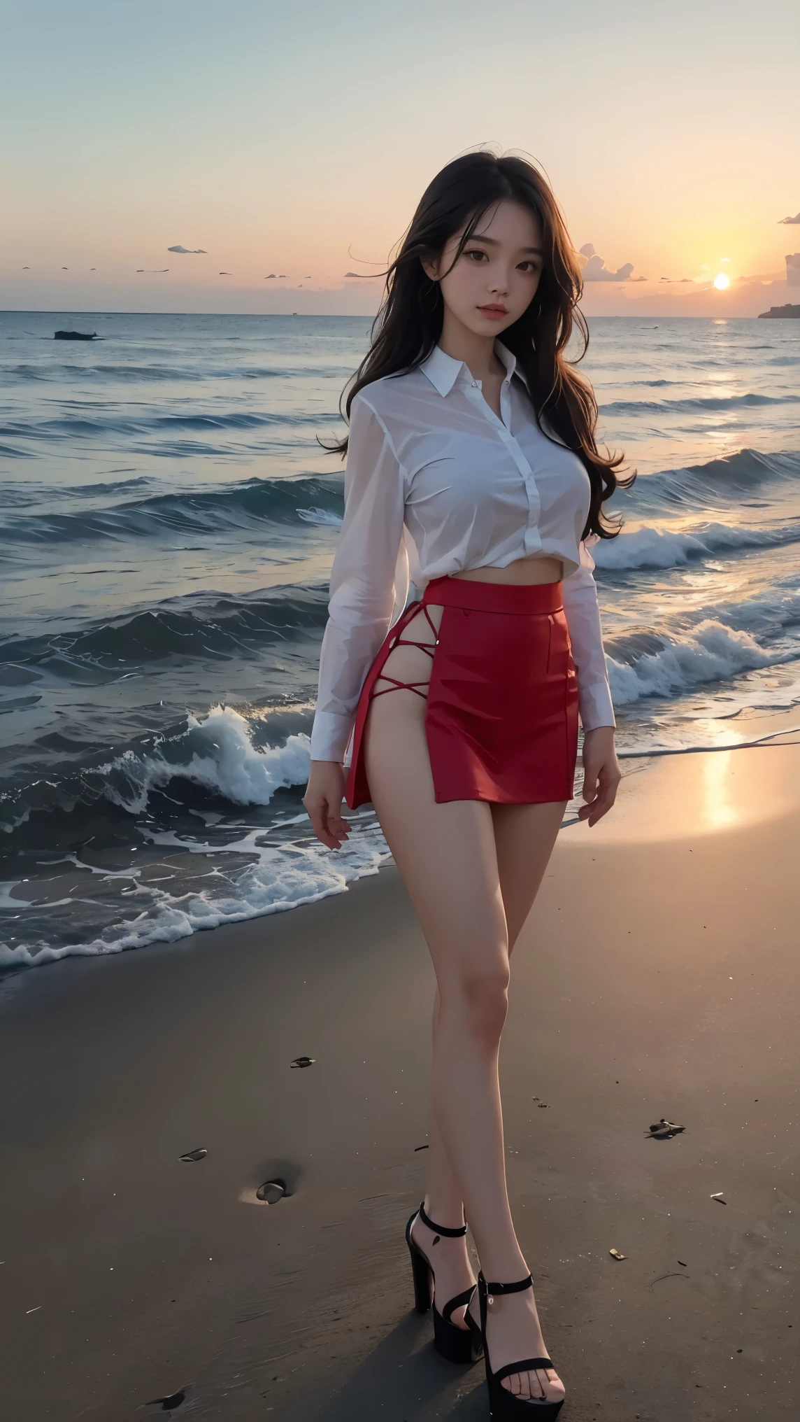 view from below,sunset summer beach background,full body,(tall girl:1.2),wave hair,girl,mini skirt,wet croped shirt,(high heel:1.2),walking,slim legs,big breasts,