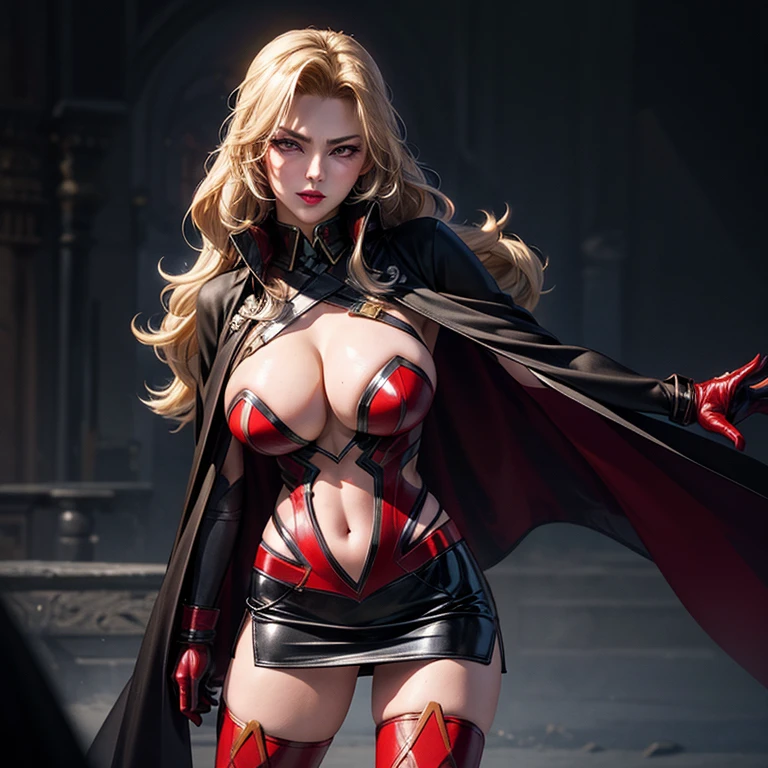 1girl,Alicia Viewsrtream,red lips,red impossible clothes,red elbow gloves,red thigh boots,cape,incredibly absurdres,Volumetric Lighting,moody lighting,thighs,realistic,reality,hetero,smug,fighting_stance,