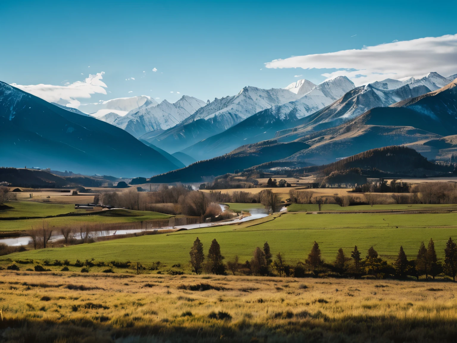 Rural landscape with snowy mountains in the distance and a river flowing through it.