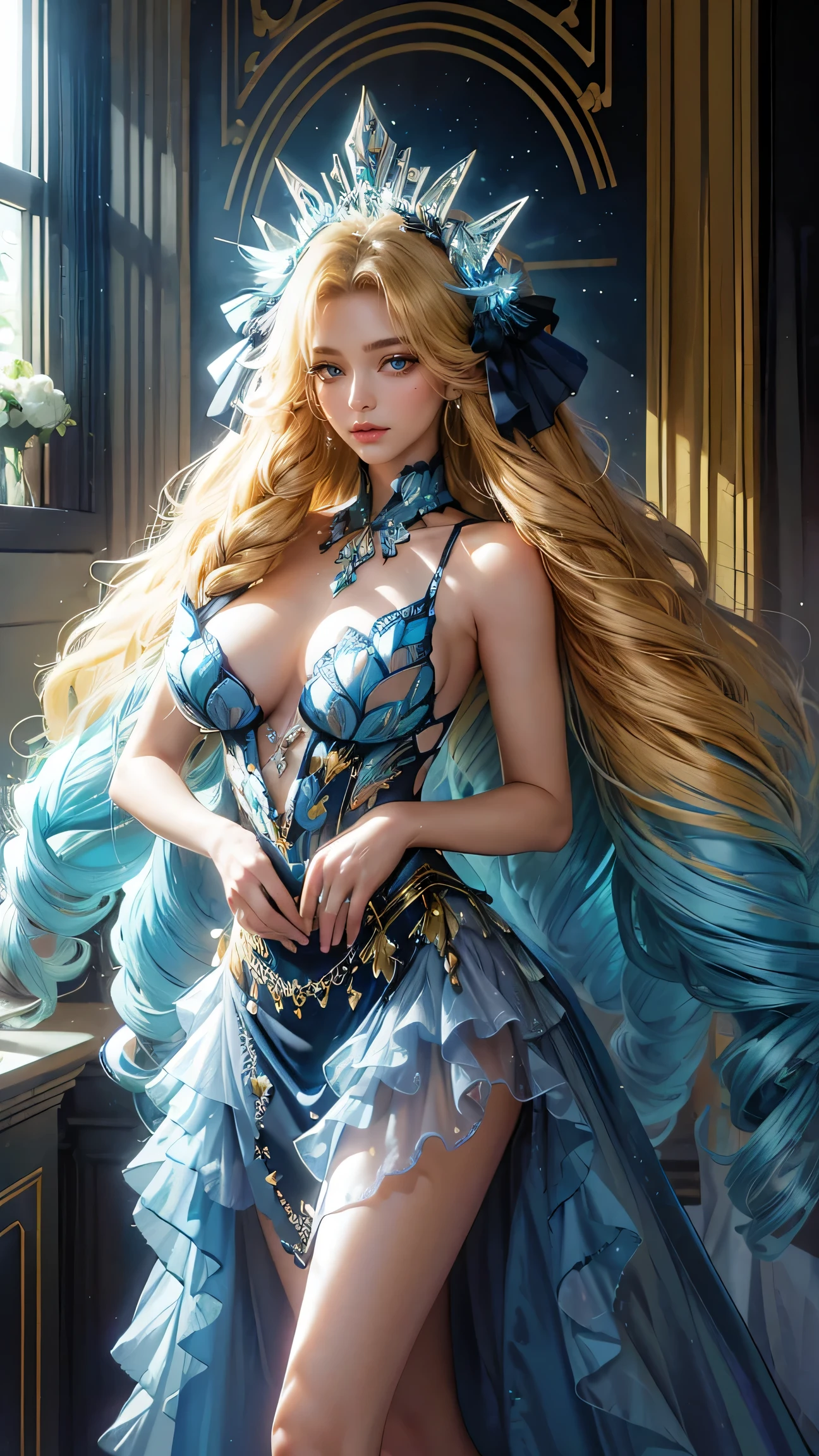 Best Best quality, masterpiece, ultra high res, raw photo, beautiful and aesthetic,deep shadow, dark theme,(ultra detailed:1.3),
1girl, dress with frills, gloves, stockings, dynamic pose, Headdress, hair ornament, full of curtain, drill hair, long hair, blonde hair, gradient hair, yellow eyes, solo, huge breasts, G-cup, big hair, blue hair, tiara, divine goddess, looking at viewer, royal palace, indoors, bedroom, astraea, full body, sparkling eyes, shining lips, white dress, rainbow butterfly wings, cute girl in a beautiful dress, beautiful fantasy, fantasy artworks
