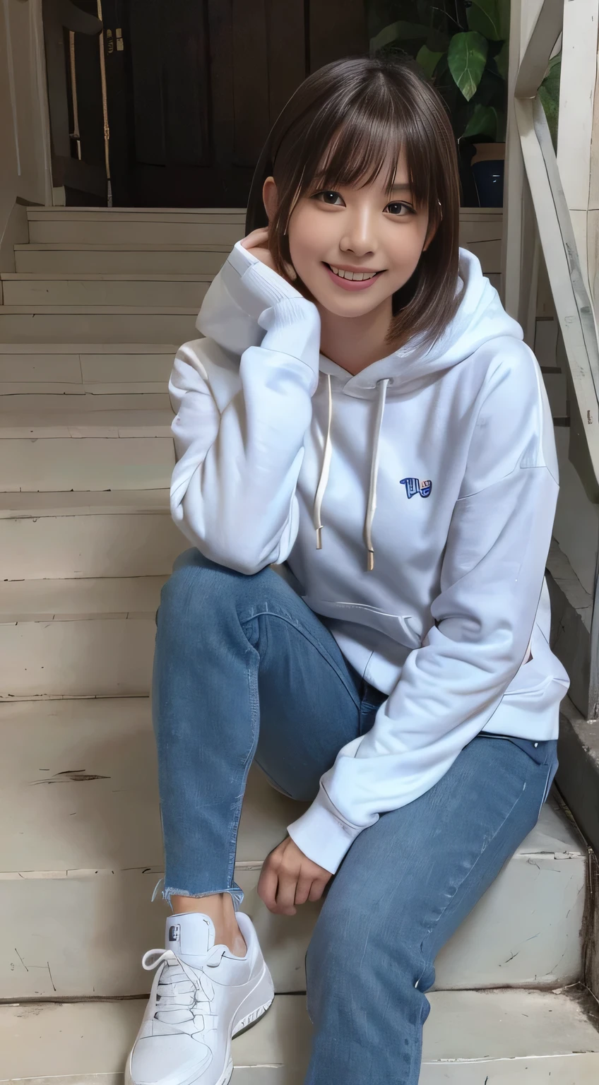 highest quality, Realistic, Very detailed, Finer details, High resolution, 8k wallpaper, One beautiful woman,Sit on the stairs、(Wear black socks)smile、(Beautiful teeth alignment、)(Gums are visible) Oversized hoodie, Skinny jeans,( Black sneakers)、Black Hair、 Beautiful Bangs、ear piercing、Perfect dynamic composition, Beautiful and detailed, Full Body Shot, A big smile