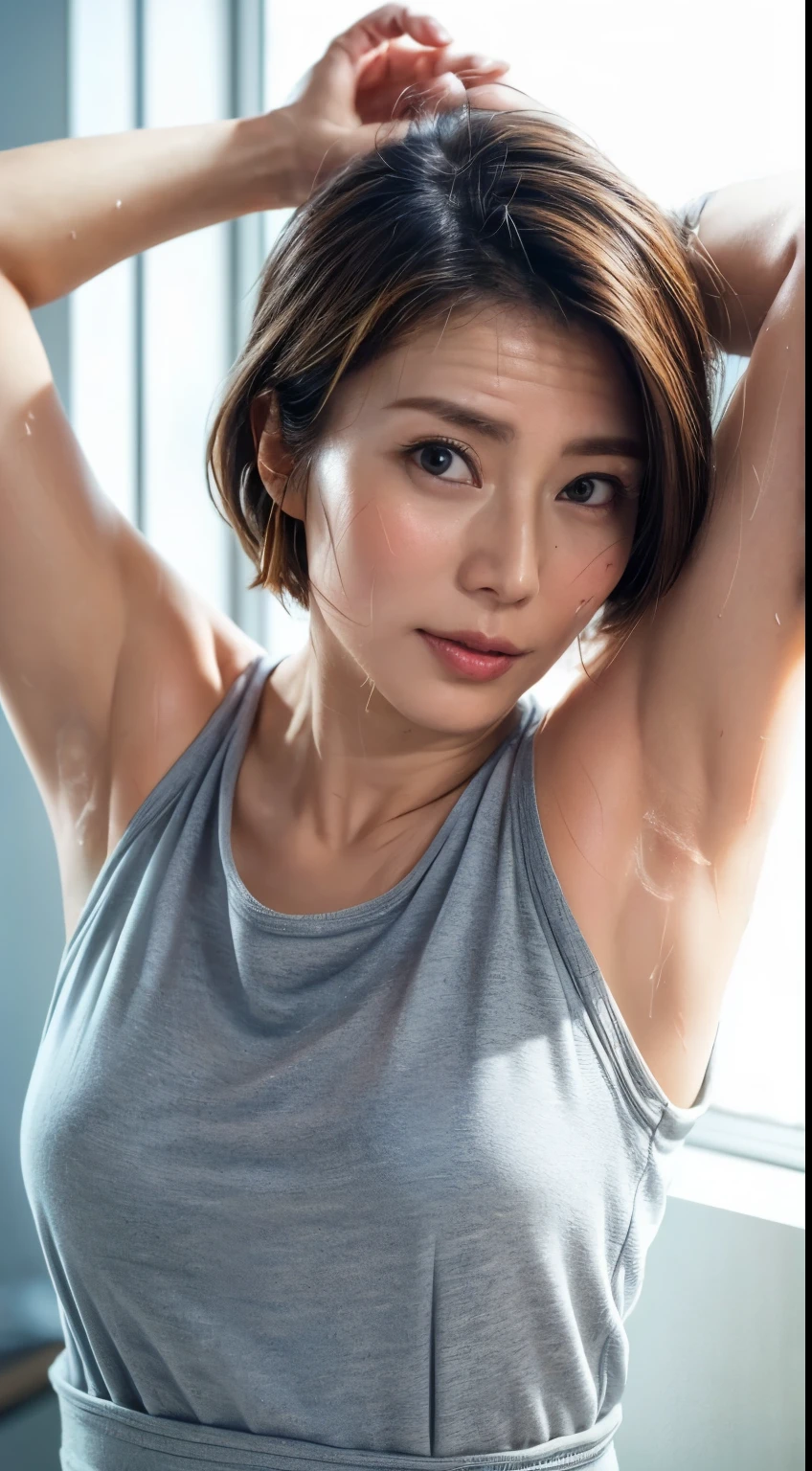 (Ultra HD、Ultra-high resolution、8k、Japanese housewife、In the kitchen)、Attention in the armpits、((Look Viewer:1.8))、(Extremely realistic skin texture:1.4)、(Realistic:1.3)、short hair、(smile:0.4)、(blonde:1.3)、40-year-old woman、Ponytail hairstyle、(Lift one arm and show your armpit:1.3)、(Face close-up:1.34)、(Sweat:1.4)