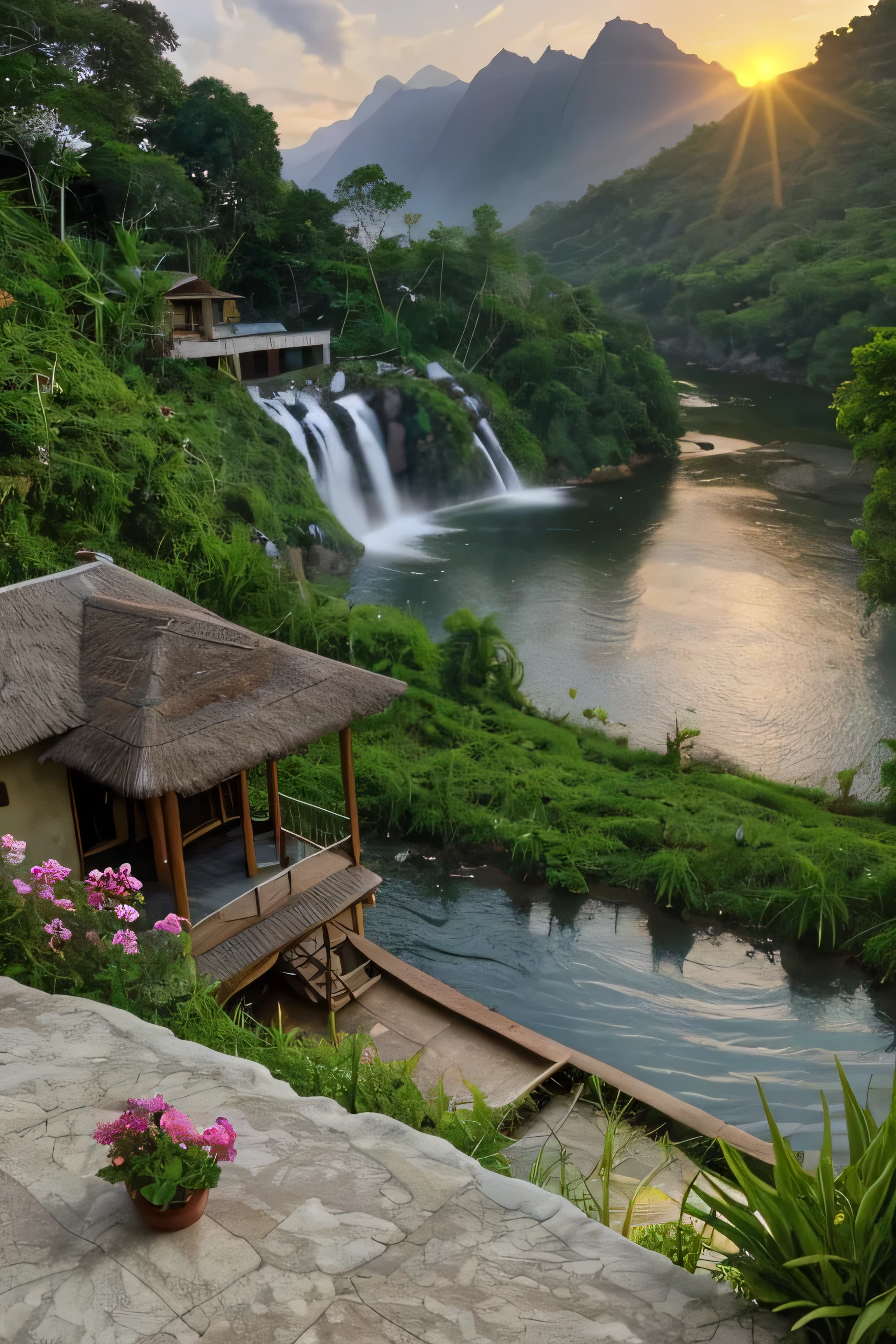 House in the jungle in front of the lake and waterfall nearby mountain with sun set and flowers