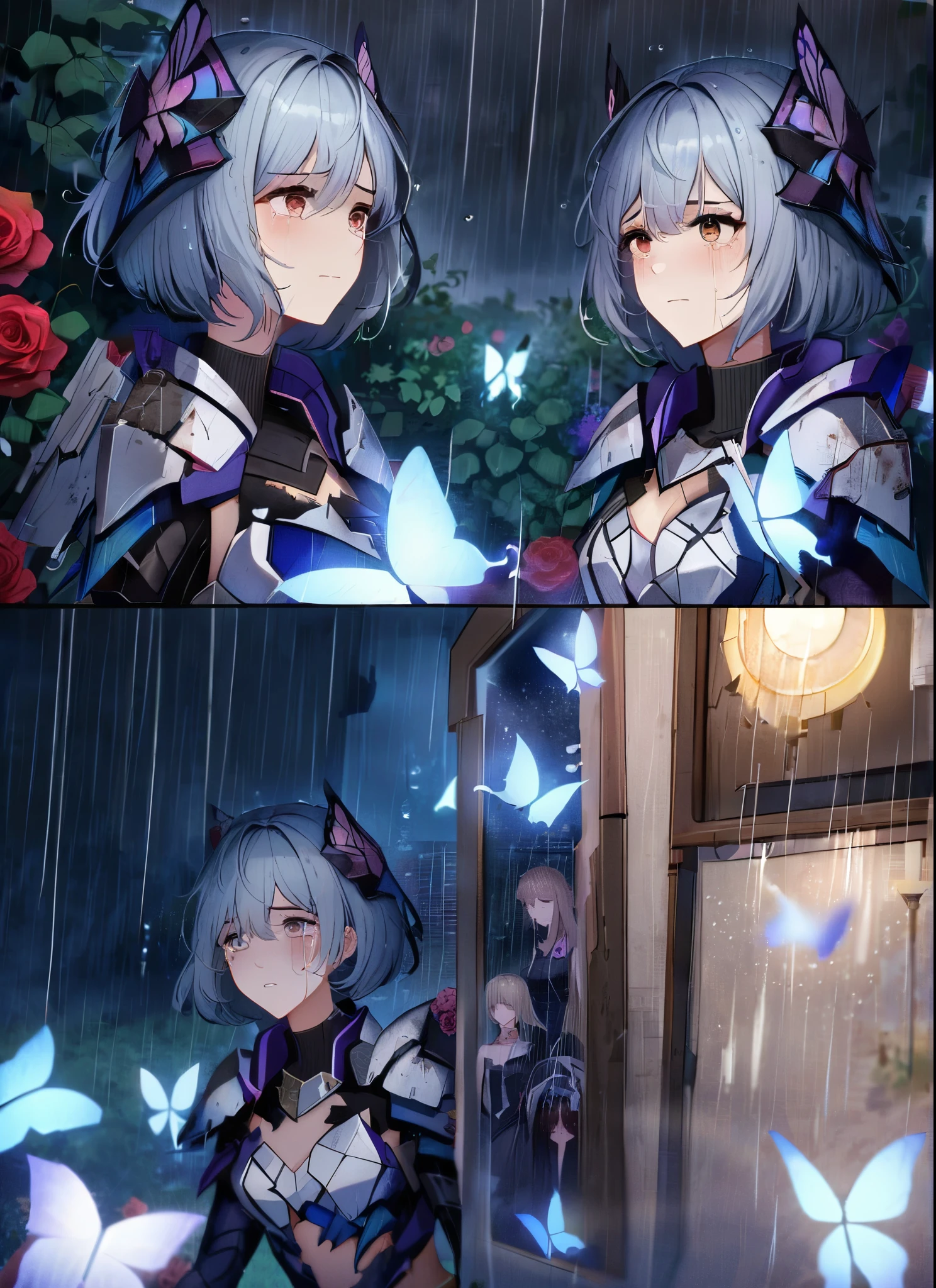 three girls, heartbroken, wearing a ultra shattered and ultra broken cute skimpy butterfly armor,  lot of missing pieces, very damaged armor ,ripped clothes, broken helmet ,broken shield  and broken sword, in tears, sad, dramatic scene, tears flowing in the face, garden, roses, rain, ultra detailed face, night, moonglow, light of the moon