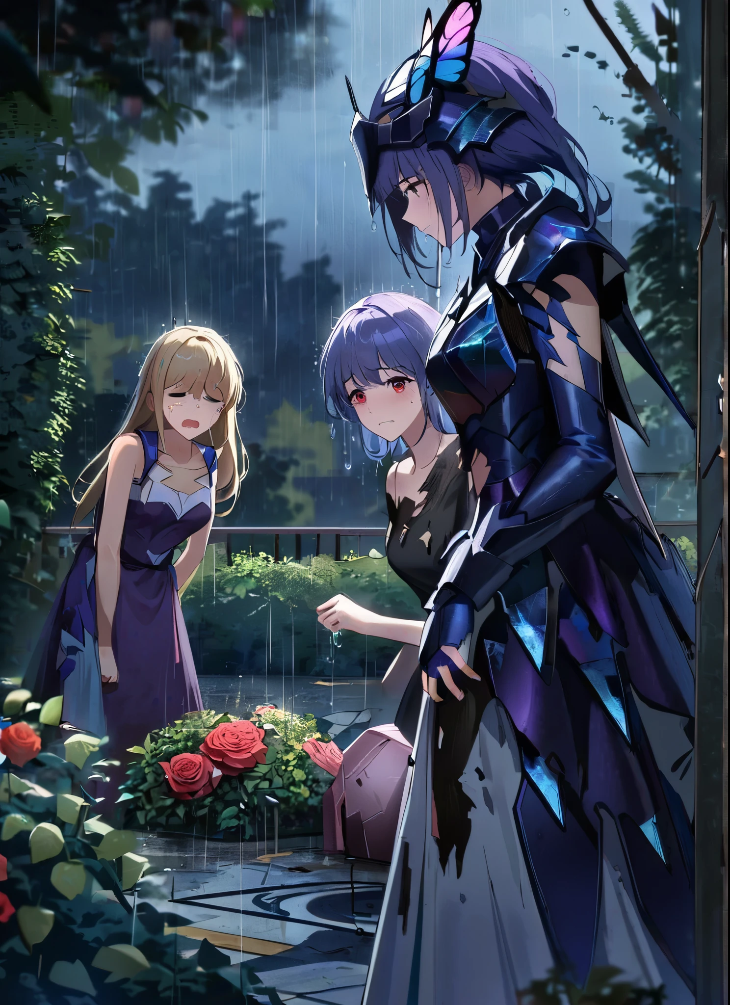 three girls, heartbroken, wearing a ultra shattered and ultra broken cute skimpy butterfly armor,  lot of missing pieces, very damaged armor ,ripped clothes, broken helmet ,broken shield  and broken sword, in tears, sad, dramatic scene, tears flowing in the face, garden, roses, rain, ultra detailed face, night, moonglow, light of the moon