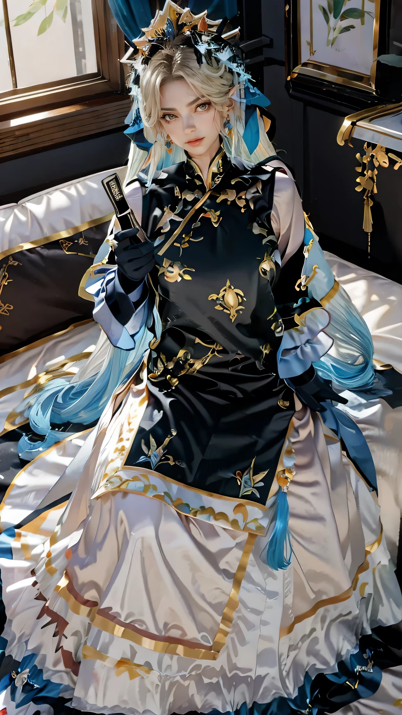 Best Best quality, masterpiece, ultra high res, raw photo, beautiful and aesthetic,deep shadow, dark theme,(ultra detailed:1.3),
1girl, dress with frills, gloves, stockings, sexy pose, Headdress, hair ornament, full of curtain, drill hair, long hair, blonde hair, gradient hair, yellow eyes, solo, huge breasts, G-cup, big hair, blue hair, tiara, divine goddess, looking at viewer, royal palace, indoors, bedroom, astraea, full body, chinese clothes, dress,hair ornament,