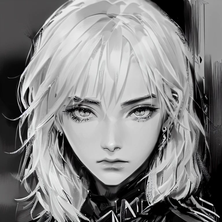 DBfantasyart style, masterpiece, 1 girl, beautiful portrait of a woman with short hair, Manhwa, very detailed, resolution 8K, black and white suit, Cute face, beautiful, Cute, serious, leather jacket, girl leather jacket, tomboy, {very gentle and beautiful}, 8K wallpaper, {{{masterpiece}}}, serious, cold eyes, blackandwhite