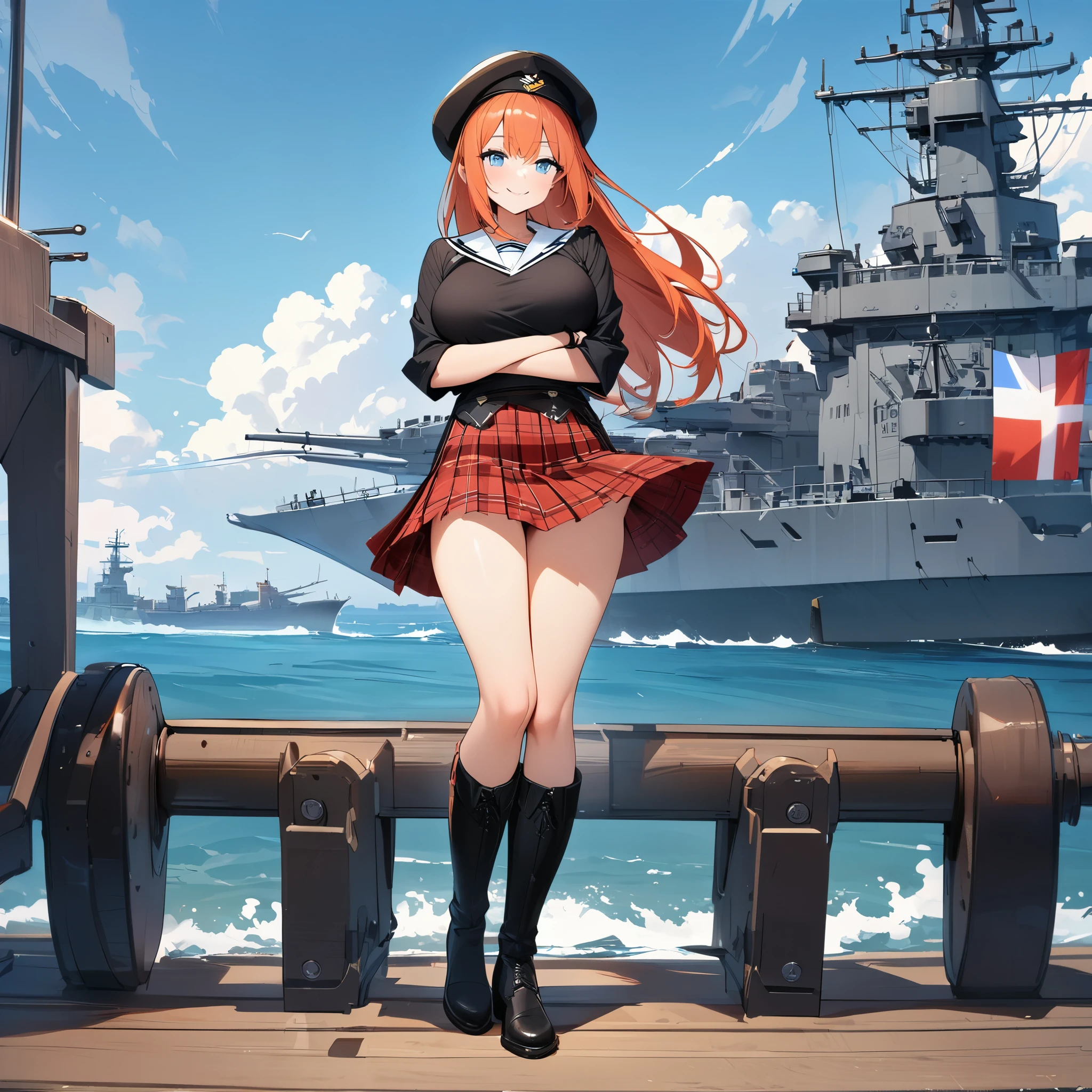 A woman wearing the traditional Scottish kilt, black shirt, red plaid skirt, wearing traditional Scottish hat, long red-orange hair, ice blue eyes, black boots, exposed thigh, large breasts, smiling, full body, standing with arms crossed in a naval port, with a battleship behind, Scottish flag, blue sky with clouds,masterpiece, ultra resolution, very detailed, high quality, without texture flaws.