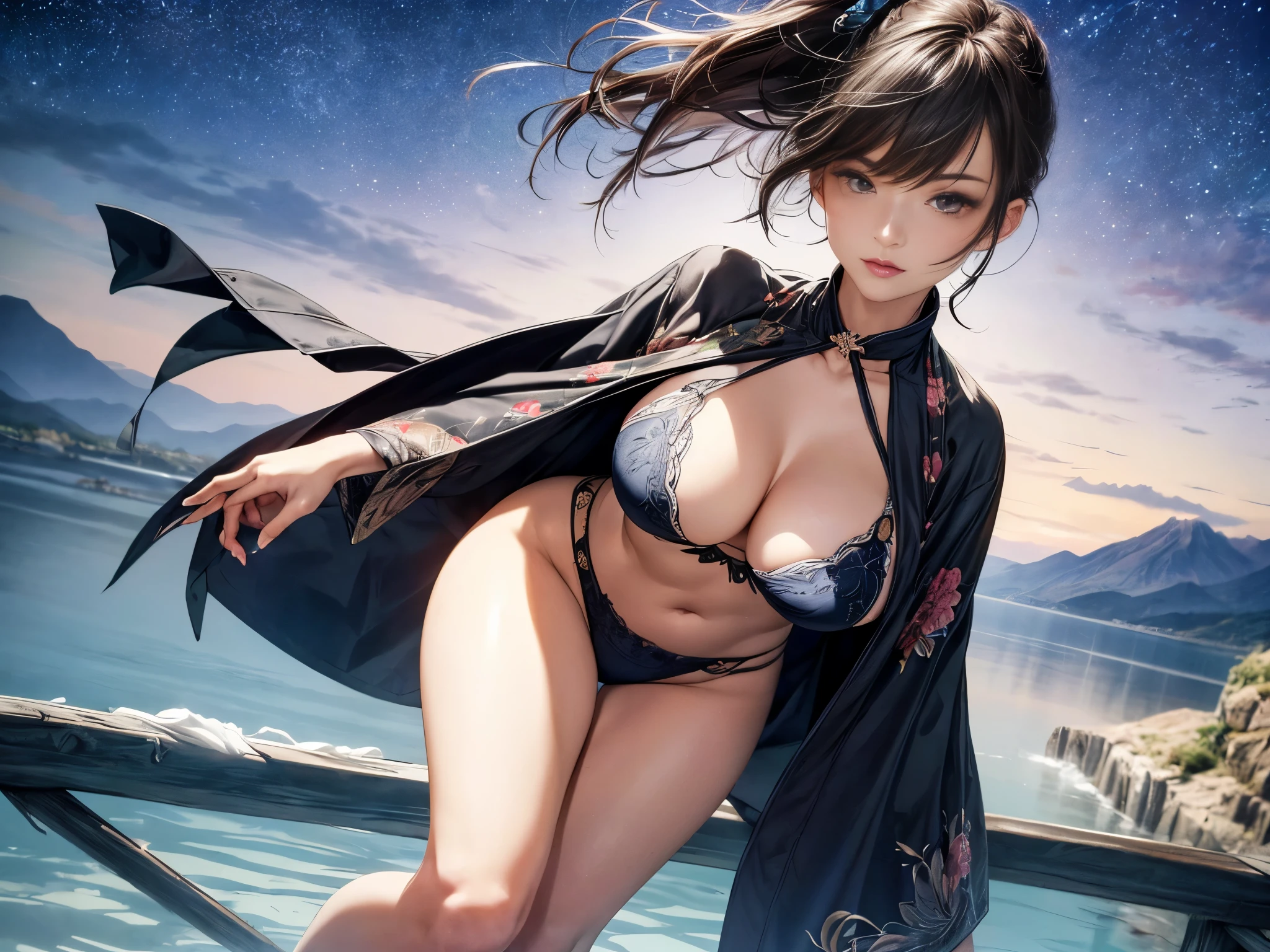 (Beautiful models in Japanese kimono ads), (Solitary), ((The face is 80% Beauty and elegance, 20% Playful:1.5)), (Her), Clear eyes, (Delicate eyes, Light brown eyes, Smart pupils), Double eyelids, (Sexy and slightly thick lips:1.2), Ultra Detailed and incredibly high resolution Kimono, Highly detailed facial texture, Attractive body shape, Full figure、very attractive woman, High-resolution RAW color photos Professional photos, rest ultra high-resolution textures, High resolution body rendering, big eyes, An unrivalled masterpiece, Incredibly high resolution, Ultra Detailed, Amazing ceramic skin, rest (Wearing a sparkling limpa flow silver kimono,There are many colors of Limpa Silver), (The main color is Rinpa shiny silver, Black to silver gradient from hem to collar), (Meticulously crafted classic Japanese shiny silver kimono), ((The embroidery pattern is a Japanese dragon, cloud, Mountains, and rivers)), (A belt that matches this kimono), ((shiny silver kimono,With delicate and elegant embroidery)), (The background is a night view,Light snow falling) rest ((best quality, 8k)), Clear focus:1.2, (Layer cutting, Large target:1.2), (Beautiful Women in Perfect Shape:1.4), (Beautiful figure,Full breasts:1.3), Slim waist, (The right hand shape:1.5), (full-body shot | Cowboy shooting | Rear view)