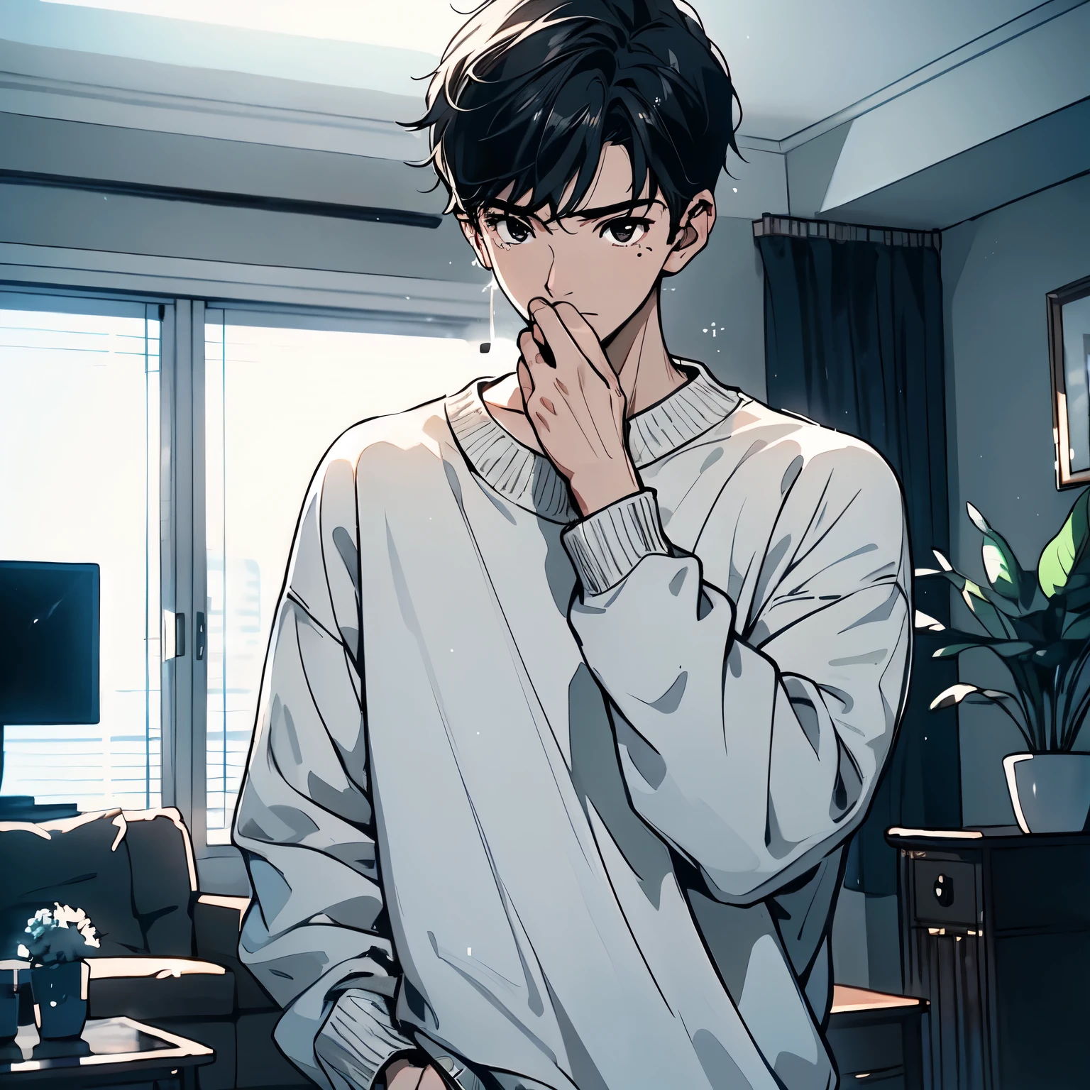 A black hair，18-year-old man in white sweater，Standing in the living room of the house，Cover your mouth with your hands when coughing，Sad expression，Laugh and cry，Tears（Upper body display：1.5）（cinematic lighting：1.5）)(ultra-high detail:1.5)(best quality:1.5)