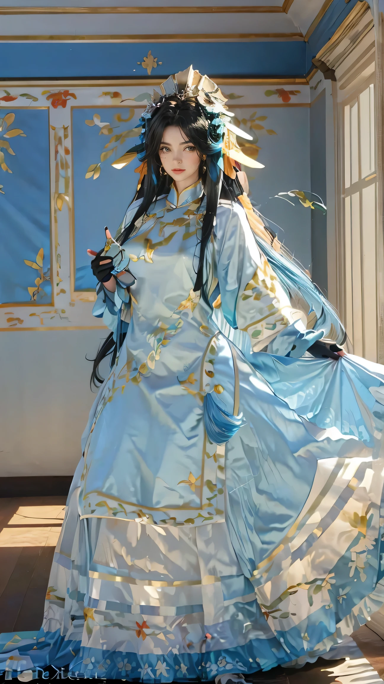 Best Best quality, masterpiece, ultra high res, raw photo, beautiful and aesthetic,deep shadow, dark theme,(ultra detailed:1.3),
1girl, dress with frills, gloves, stockings, dynamic pose, Headdress, hair ornament, full of curtain, drill hair, long hair, blonde hair, gradient hair, yellow eyes, solo, huge breasts, G-cup, big hair, blue hair, tiara, divine goddess, looking at viewer, royal palace, indoors, bedroom, astraea, full body, chinese clothes, dress,hair ornament,