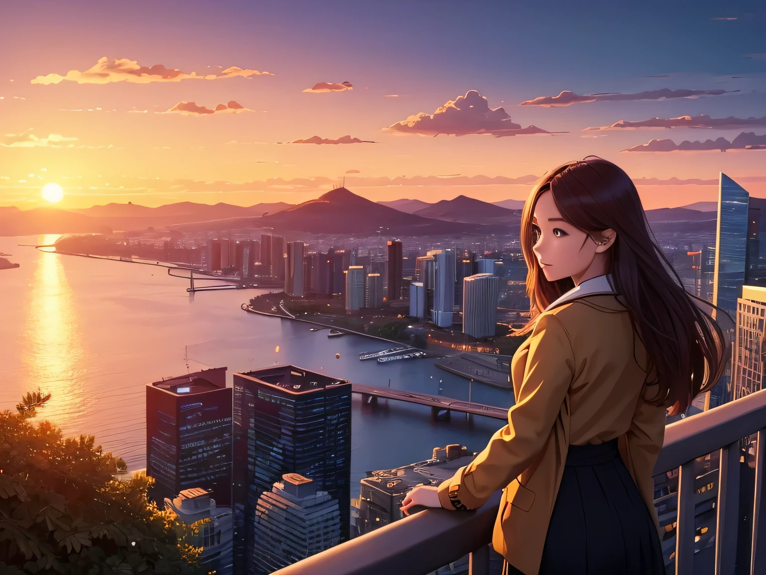 (((sunset))), one girl, flat color, Golden ratio, {masterpiece:1.5}, beautiful sunset cityscape, Scottish landscape, office towers, forest, mountains, ocean, bridges, leaves, city lights, sidescroller, The picture fills the canvas, {flowing:1.2}, dynamic angle