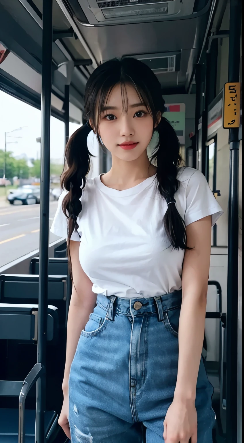 realistic photos of cute Korean star female, uneven twintails, thin makeup, medium breasts size, slightly smile, color t-shirt, in the bus, clear facial features ofsharp and realistic details, Sony FE, 35mm, cinematic lighting, high details, UHD, high quality, HD, 8k, 16k, jean pants