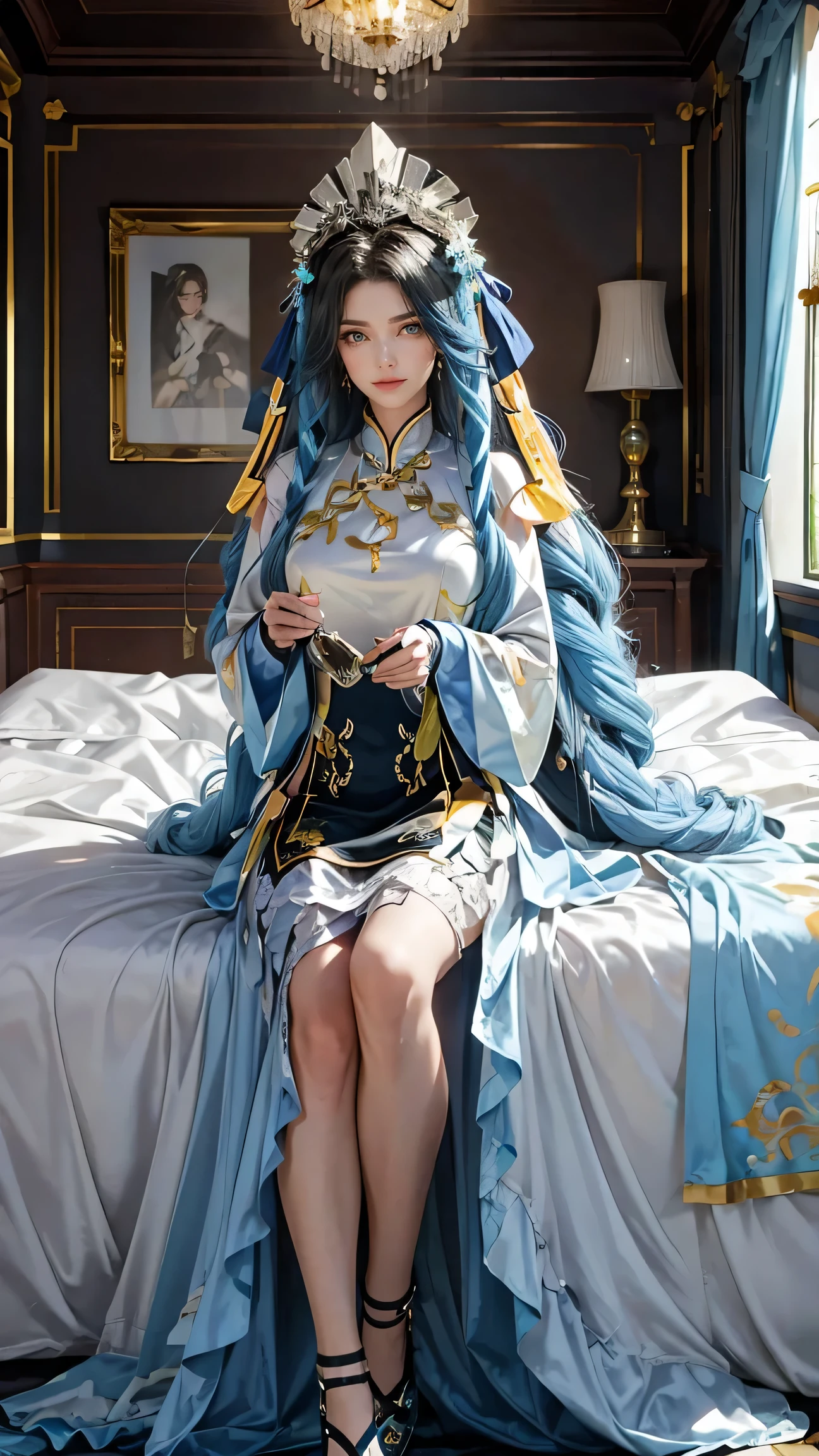 Best quality, masterpiece, ultra high res, raw photo, beautiful and aesthetic,deep shadow, dark theme,(ultra detailed:1.3),
1girl, dress with frills, gloves, stockings, sitting on bed, Headdress, hair ornament, full of curtain, drill hair, long hair, blonde hair, gradient hair, yellow eyes, solo, huge breasts, G-cup, big hair, blue hair, tiara, divine goddess, looking at viewer, royal palace, indoors, bedroom, astraea, full body, chinese clothes, dress,hair ornament,