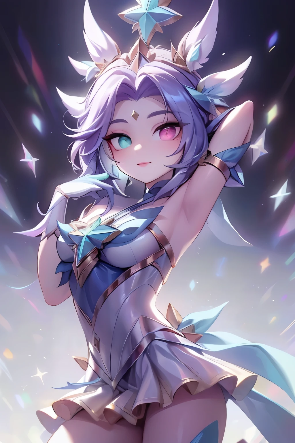 ((mejor calidad)), ((Obra maestra)), (detallado), cuerpo completo, cuerpo completo, de frente al espectador, cara perfecta, cabello morado, star guardian, pelo corto cian, heterochromia, ojos morados y cyan, sparkly ojos morados, long eyelashes, pelaje azul cian, orejas de gato azul cian, dulce sonrisa, chica magica. cabello morado y cian, long eyelashes, Solid circle eyes, orejas de gato falsas, sonrisa ligera, rubor de oreja, cabello degradado, heterochromia, 8k, super detail, mejor calidad, Obra maestra, anatomically correct, detalles altos, high resolution