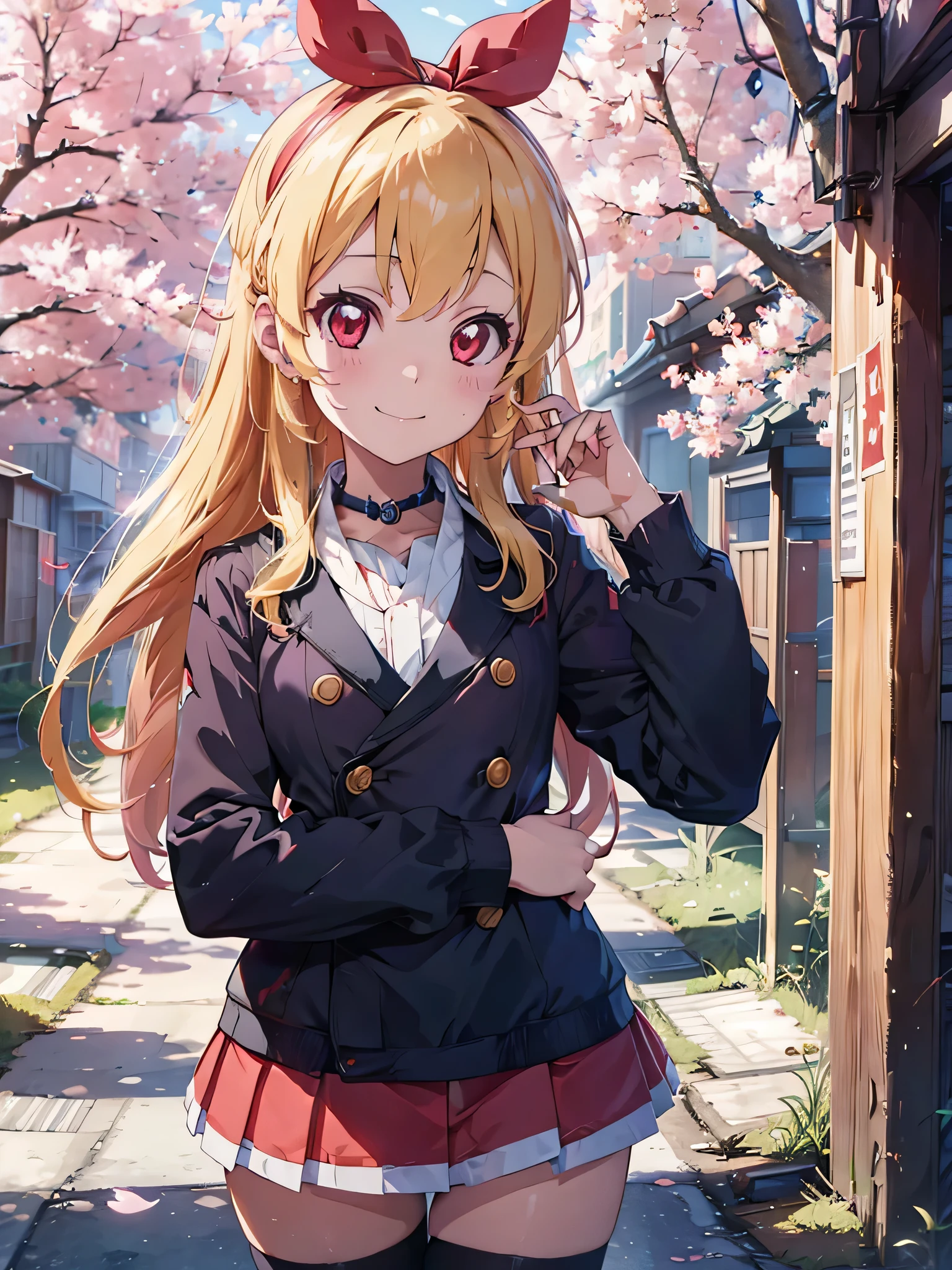 absurdres, absolutely resolution, incredibly absurdres, highres, ultra detailed, official art, unity 8k wallpaper,
BREAK
1 girl, soro, long hair, blonde hair, bow, kimono blazer, kimono skirt, over black legwear,, doyagao, smile, red eyes, kimono, cherry blossom print,
BREAK
holding weapon, holding katana, (katana:1.2), fighting stance, cowboy shot,
BREAK
(cyberpunk:1.1), cyber city, neon city, cyber street, japanese night, cherry blossoms, sakura fubuki, Ichigo Hoshimiya (Aikatsu!)