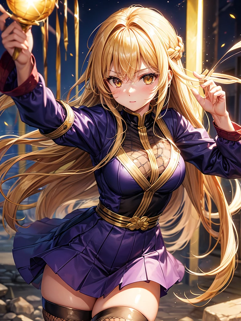 (highest quality)), ((masterpiece)), (Familiar), Perfect Face,Shiny skin,Beautiful breasts,how,Shiny skin、Kyoto Animation style painting、Golden Hair、Golden Eyes、Sunburned skin、night、Holding a Japanese sword、ruins、Combat Stance、Fishnet tights、Braided Hair、spats、inner、Kunoichi clothes、Purple clothes、Wearing a golden aura、Golden Mist、shock wave