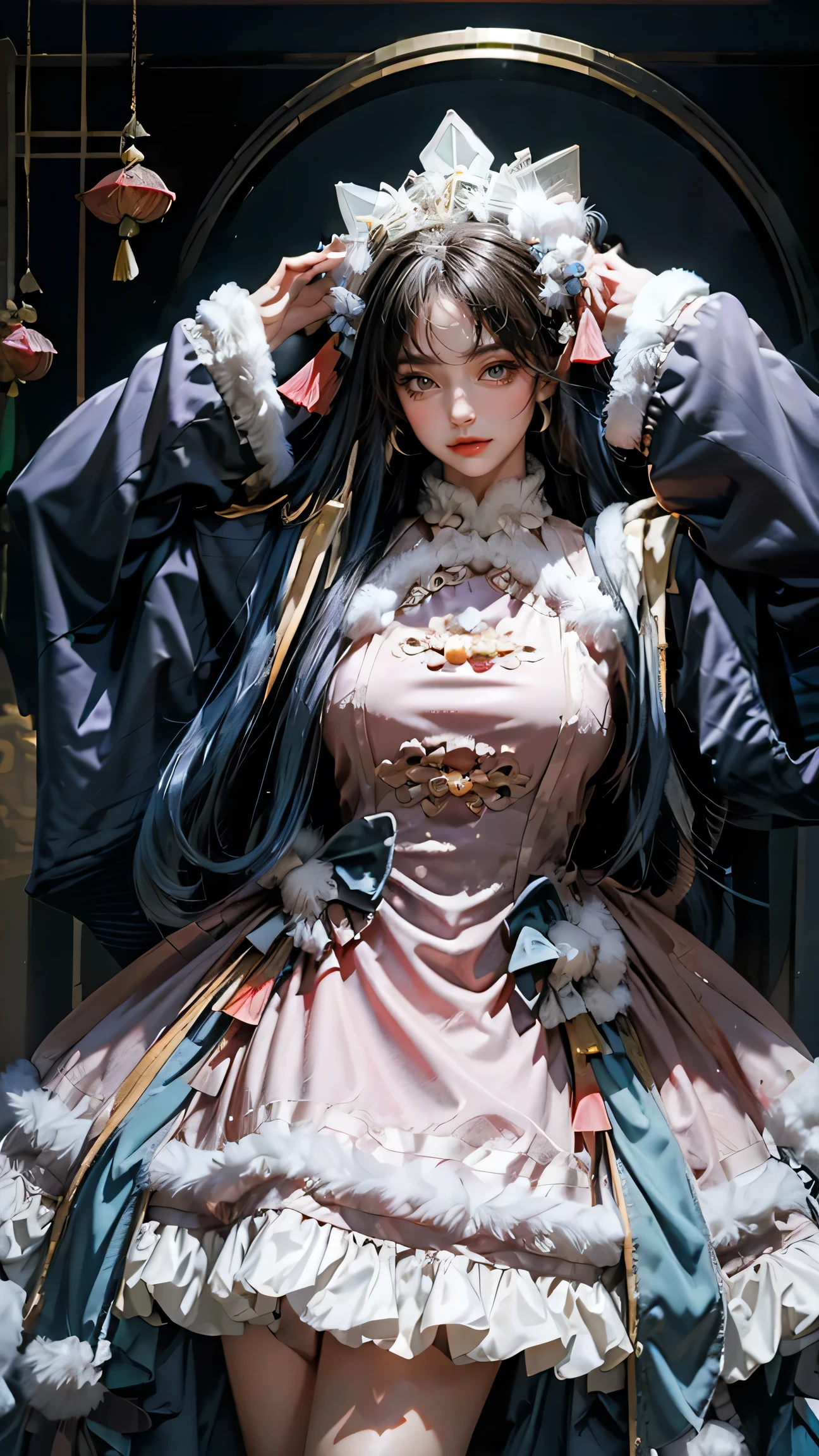 Best quality, masterpiece, ultra high res, raw photo, beautiful and aesthetic,deep shadow, dark theme,(ultra detailed:1.3),
1girl, dynamic pose, Headdress, hair ornament, full of curtain, drill hair, long hair, blonde hair, gradient hair, yellow eyes, solo, huge breasts, G-cup, big hair, blue hair, tiara, divine goddess, looking at viewer, royal palace, indoors, bedroom, astraea, full body, cns attire, cyb dress, chinese clothes, long sleeves, wide sleeves,