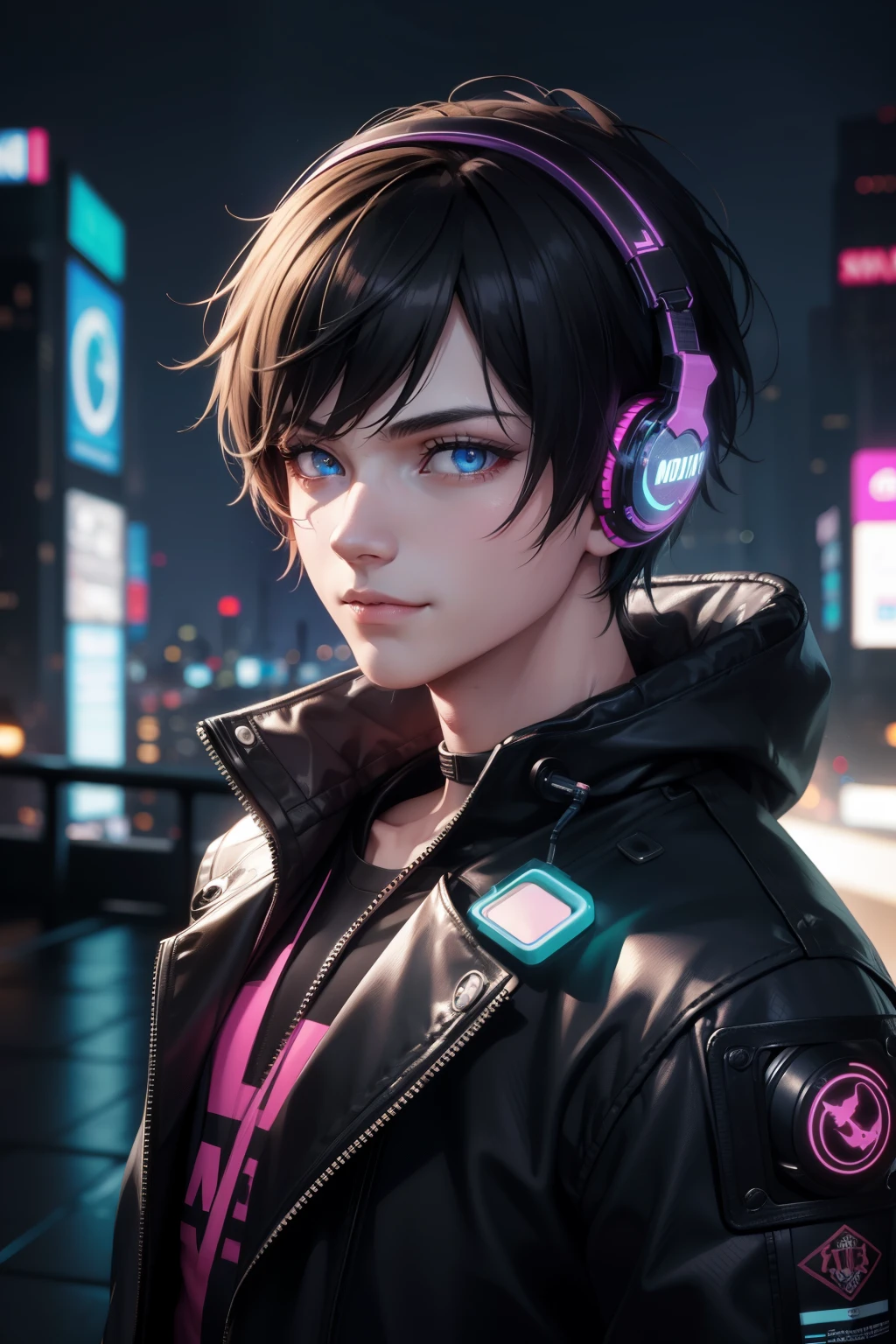 1boy, (extremely beautiful), solo, male focus, cyberpunk, neon lights, vibrant colors, headphones, Cyberpunk, neon, masterpiece, best quality, ultra-detailed, cyberpunk background, detail, in the starry night, moon, explosive and clear eyes, glowing eyes, beautiful details in the wind, little smile.