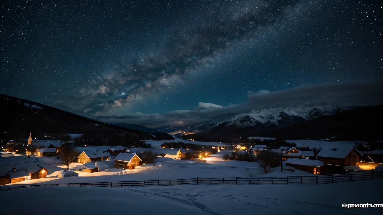 Snow，night，village，Starry Sky