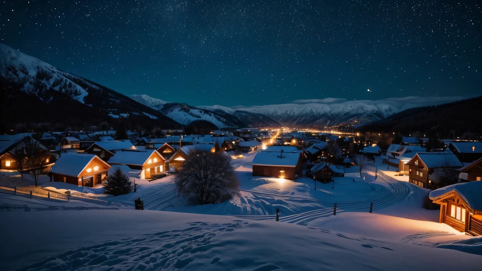 Snow，night，village，Starry Sky