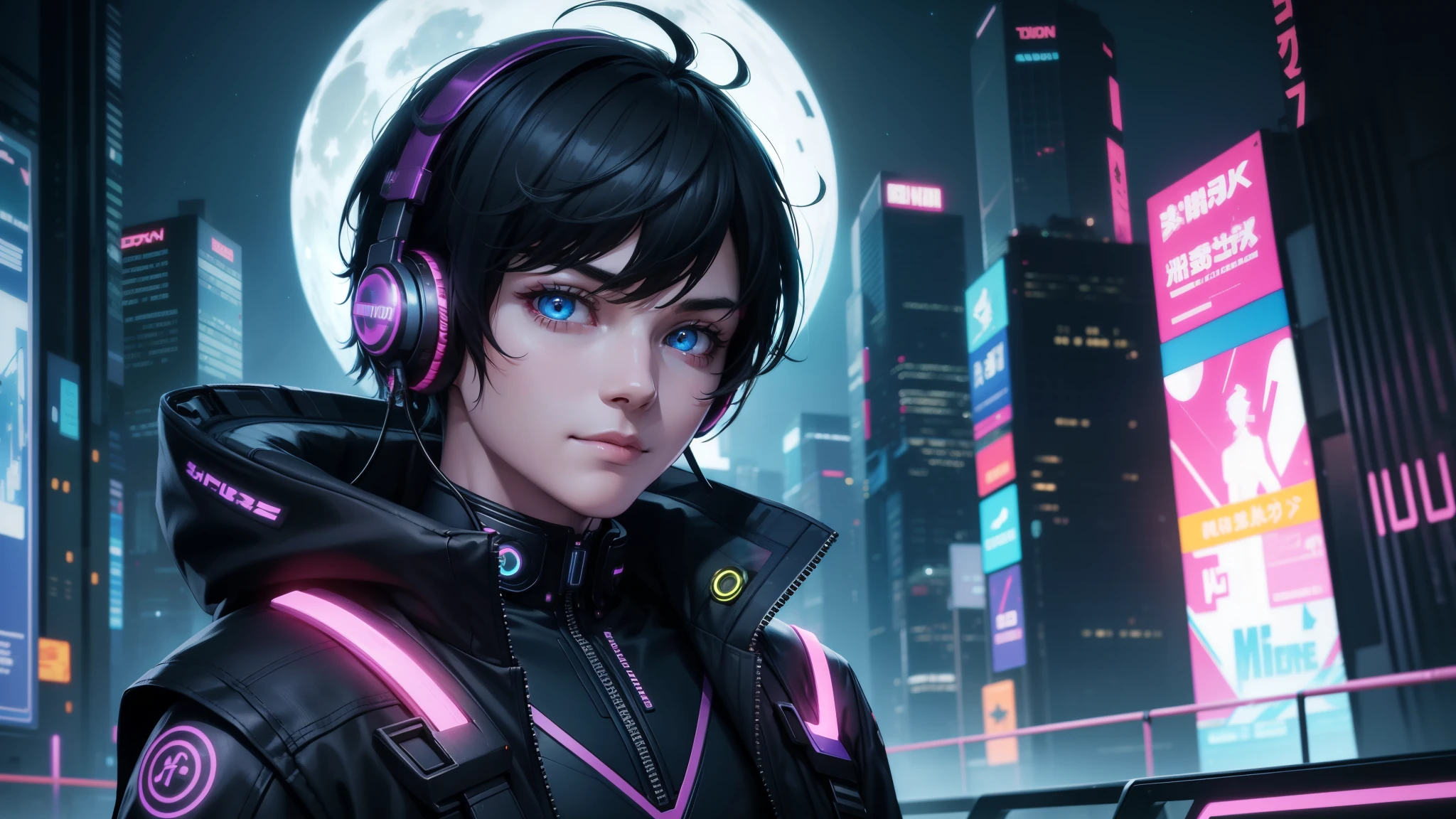 1boy, (extremely beautiful), solo, male focus, cyberpunk, neon lights, vibrant colors, headphones, Cyberpunk, neon, masterpiece, best quality, ultra-detailed, cyberpunk background, detail, in the starry night, moon, explosive and clear eyes, glowing eyes, beautiful details in the wind, little smile.