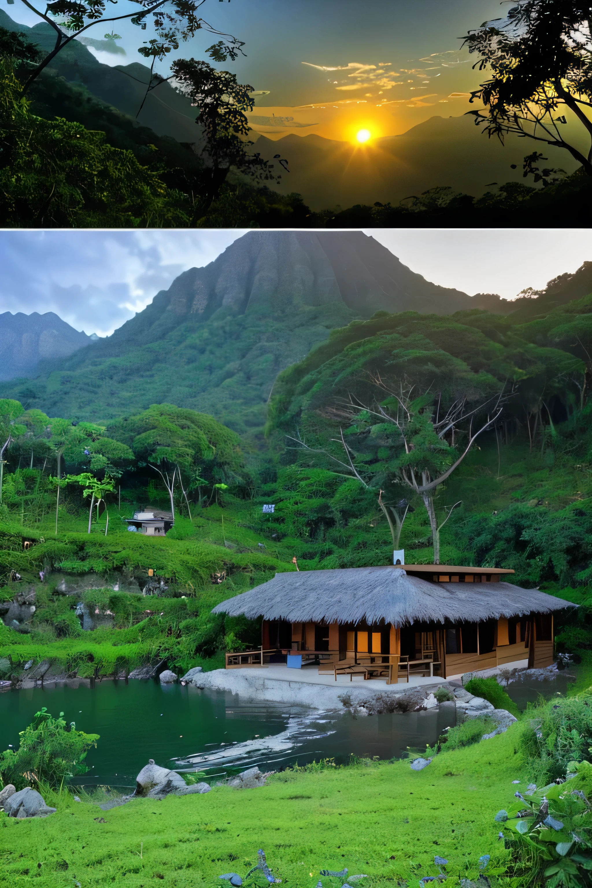 House in the jungle in front of the lake and waterfall nearby mountain with sun set and flowers