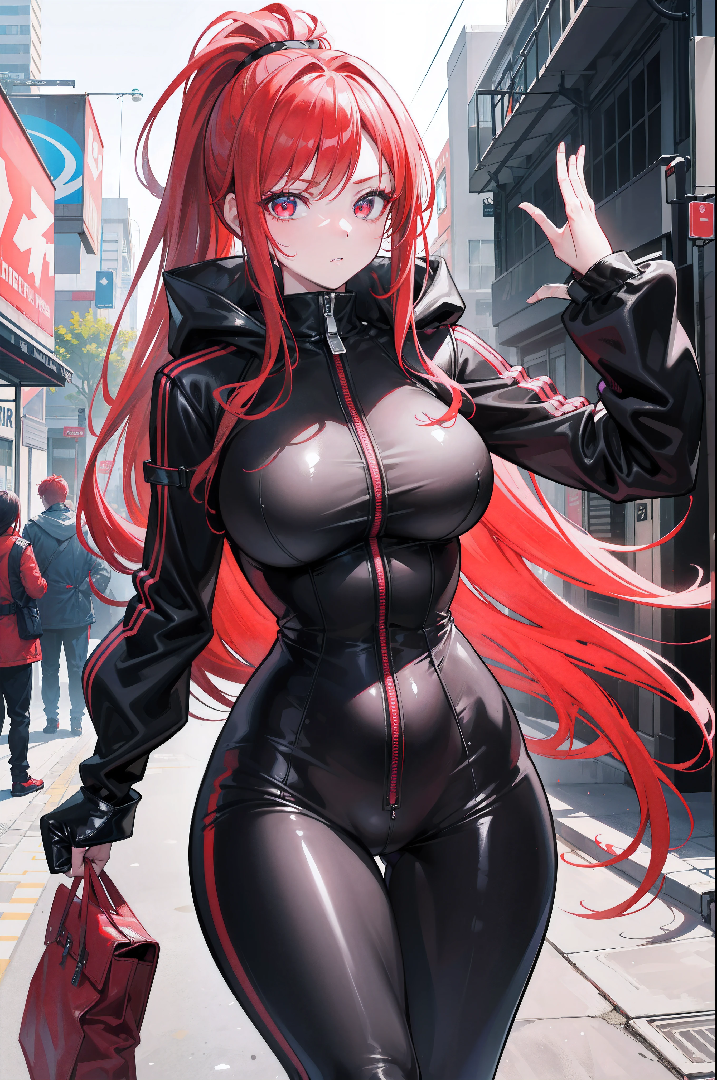 A captivating digital art piece showcases a redheaded woman with a struck expression, her scarlet tresses tied neatly in a ponytail. Her bright, super-detailed eyes convey a sense of fear and embarrassment, while her full lips are painted an alluring shade of red. With a chiseled physique and wide hips, she stands out in her closed black leather jumpsuit. The gleaming surface of the jumpsuit accentuates her curves, showcasing her hourglass figure. A windbreaker with a hood, featuring a bold neon pink interior, covers her shoulders. As she walks down the bustling street, her presence draws curious glances from passersby. This