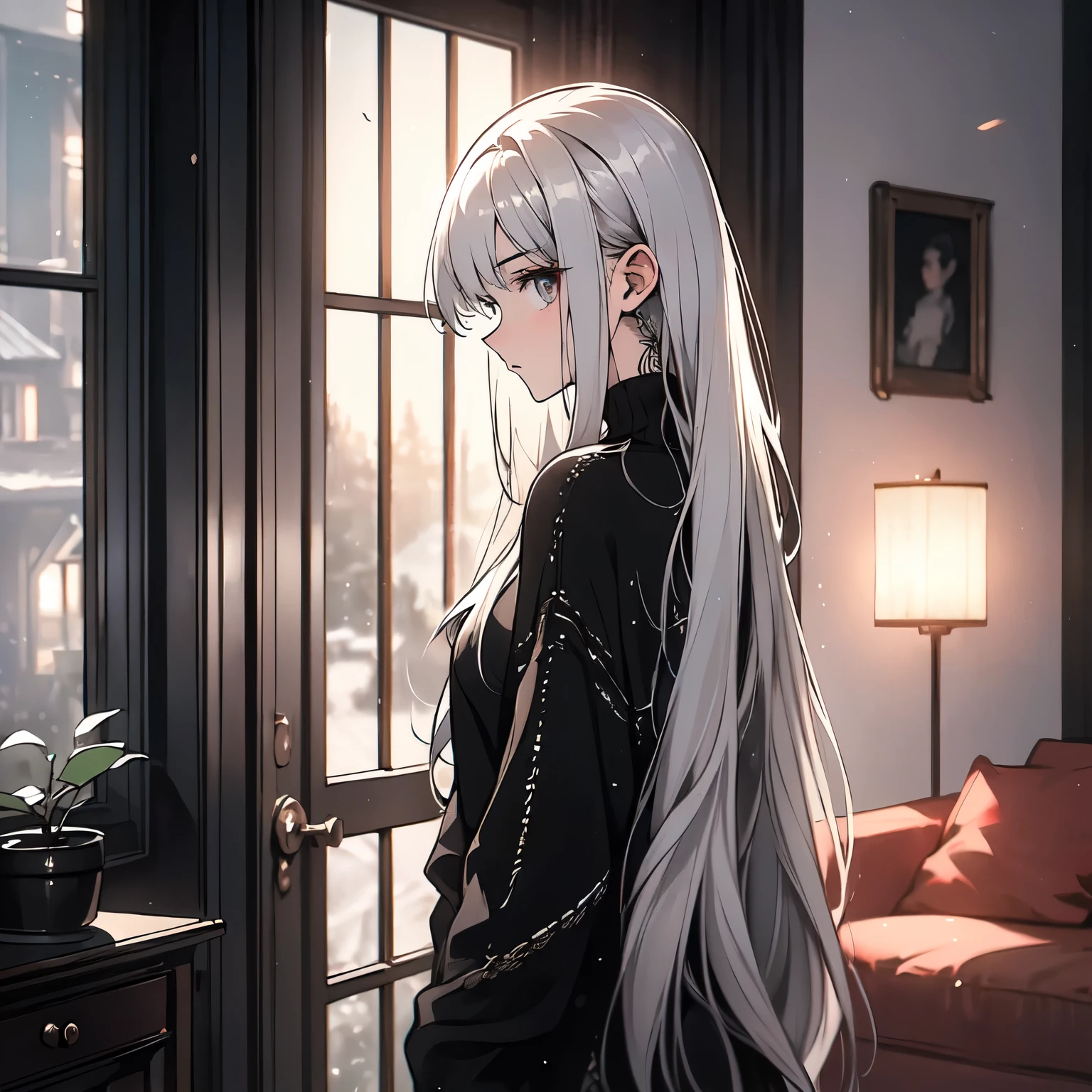 A white hair,20-year-old girl in a black sweater,Standing with my back to the living room of the house,Looking out the window,Expression of indifference(Upper body display:1.5)(cinematic lighting:1.5))(ultra-high detail:1.5)(best quality:1.5)