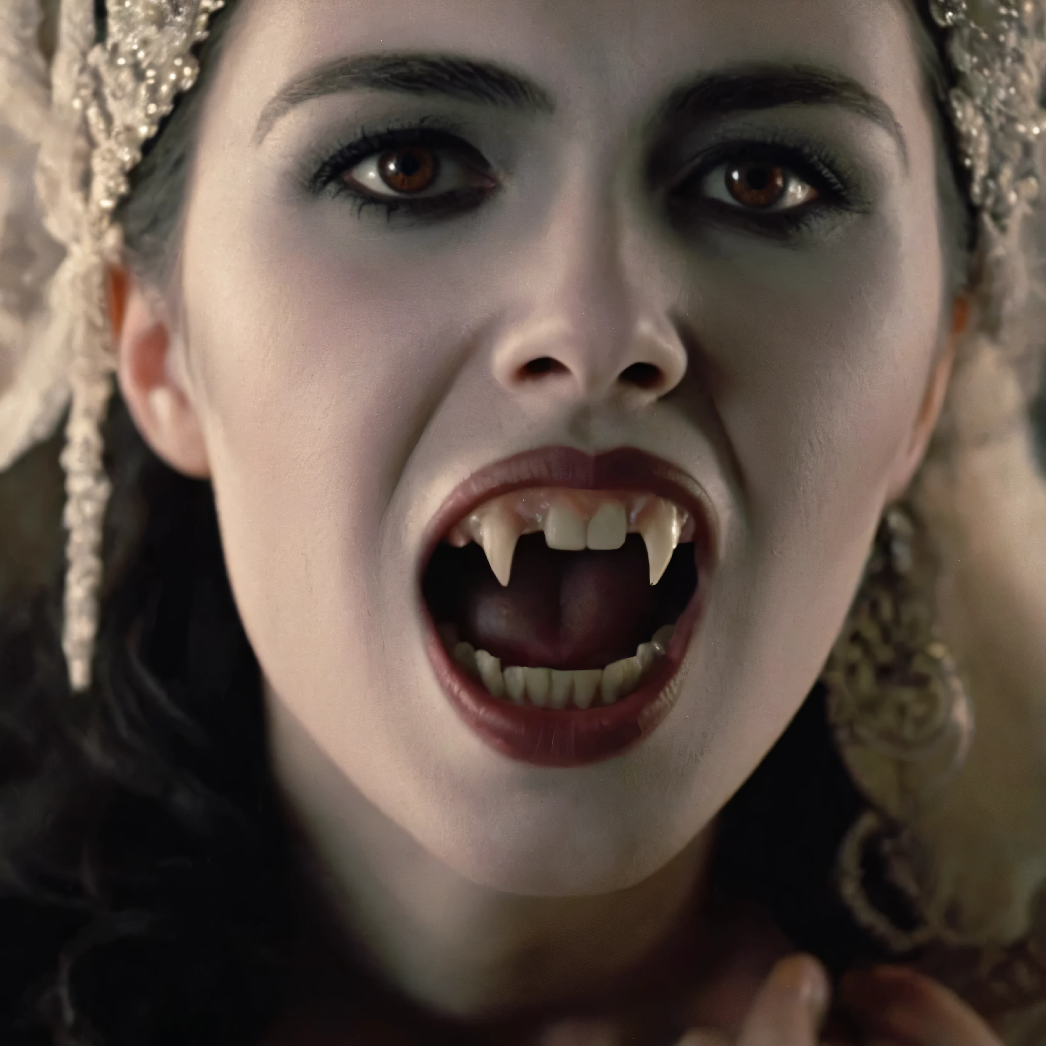 cinematic film still of  closeup, 15th-century 17 a vampire woman with a creepy look on her face with big open vampire mouth and fangs yawning in front of camera Kodak Eastman EXR 50D 5245, EXR 500T 5296 Cinematic Film in a scene from the brides of dracula style, shallow depth of field, vignette, highly detailed, high budget, bokeh, cinemascope, moody, epic, gorgeous, film grain, grainy, mouth open and closed, nsfw, dark eyes shadow, her mouth open extra wide, her mouth closed, her eyes open wide.