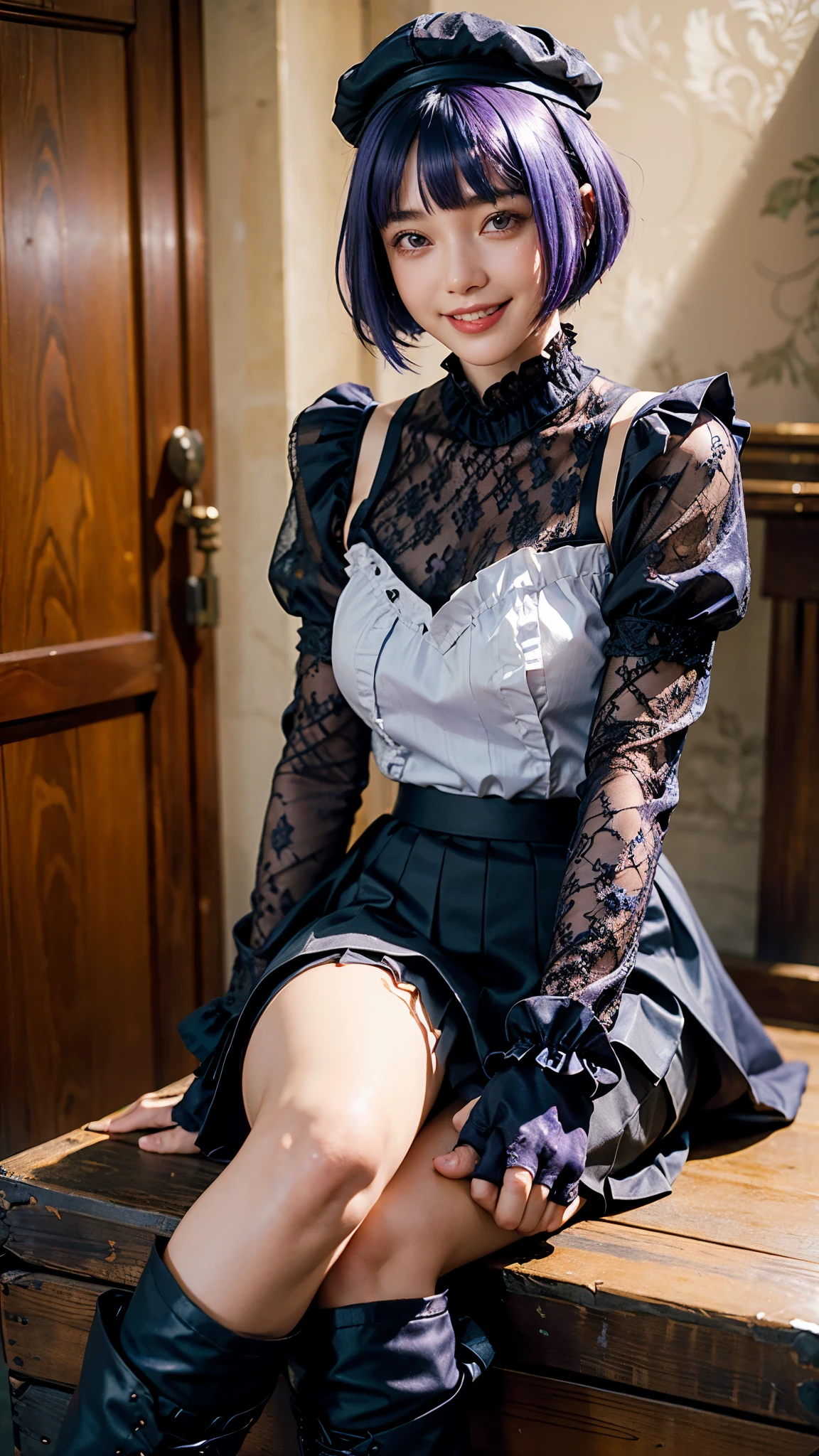 highest quality, masterpiece, Ultra-high resolution, (Realistic:1.4), (Portraiture) RAW Photos, 1 girl,22 years old((Detailed face)),(((座ったPortraiture)),Red bra,((Smiling with teeth showing)),((Big smile)),((Black boots and black lace gloves)),((Black long sleeves with ruffle lace)),((White blouse under dress)),((Black Long Skirt)),((Short bob cut blue-purple hair)),((Cap Chestnut)),((Short bangs)),Realistic,Image Media Chest)),