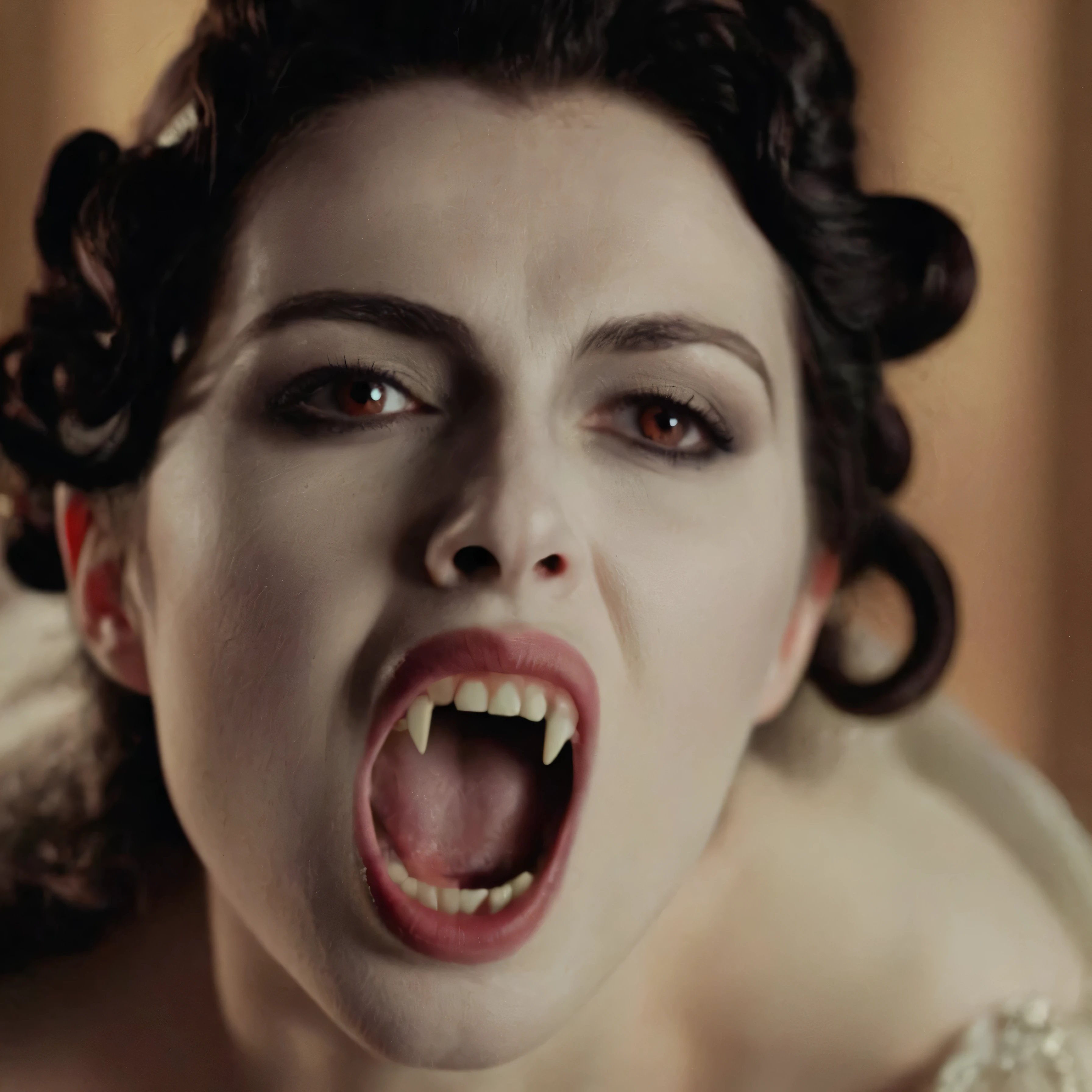 cinematic film still of  closeup, 15th-century 17 a vampire woman with a creepy look on her face with big open vampire mouth and fangs yawning in front of camera Kodak Eastman EXR 50D 5245, EXR 500T 5296 Cinematic Film in a scene from the brides of dracula style, shallow depth of field, vignette, highly detailed, high budget, bokeh, cinemascope, moody, epic, gorgeous, film grain, grainy, mouth open and closed, nsfw, dark eyes shadow, her mouth open extra wide, her mouth closed, her eyes open wide.