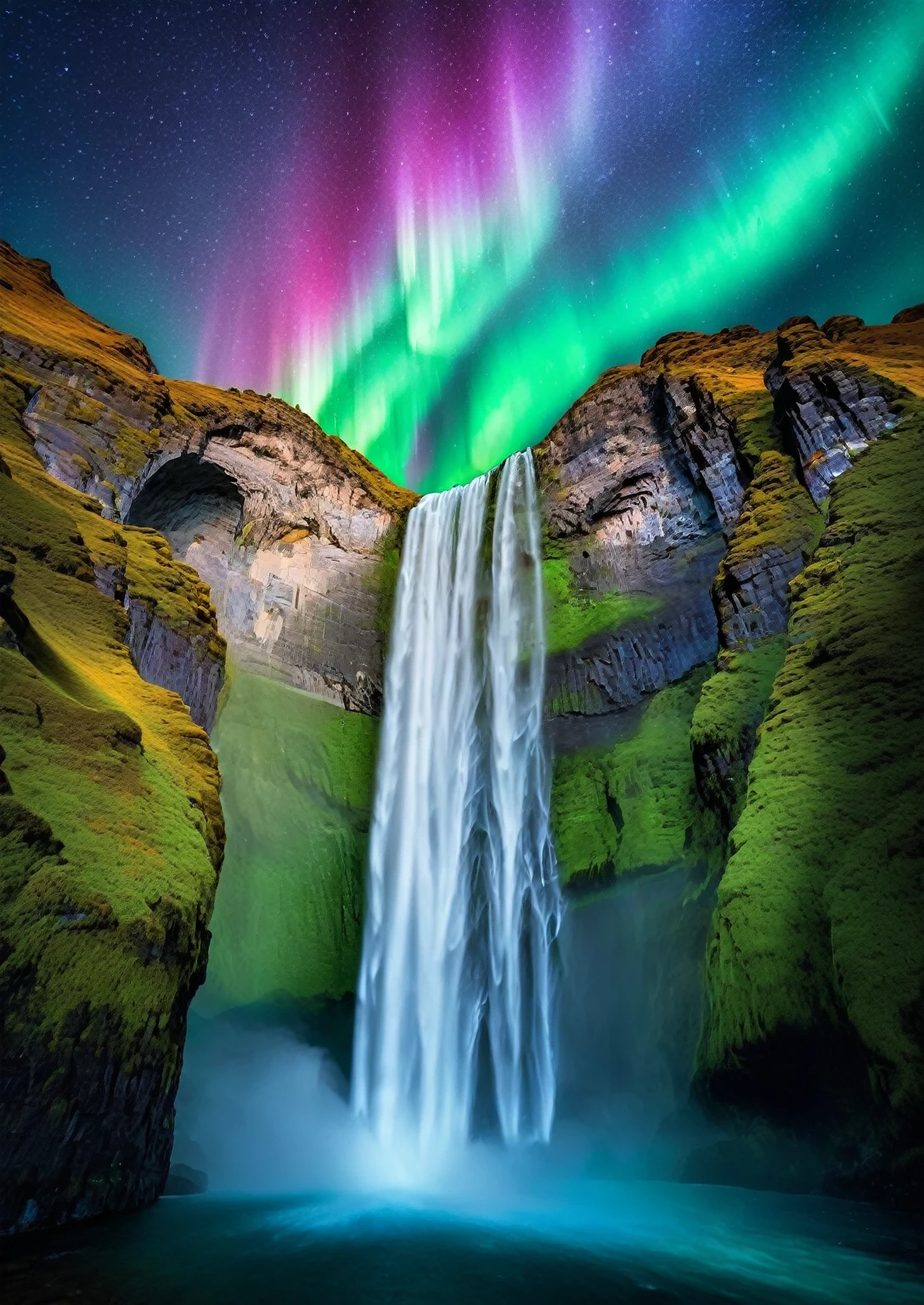 "In a surreal scene, nature blends with fantastic elements in surprising harmony. In the foreground, a dense tropical forest exudes exuberance and life, its vibrant leaves in shades of green contrasting with the rays of golden light that filter through the canopy of the trees, exotic flowers in vibrant shades of pink and orange punctuate the scene, adding a touch of color and magic.
At the center of the composition, a crystalline waterfall gently descends the mountainside, creating a veil of mist that envelops the landscape in an ethereal cloak. Colorful fish swim in the clear waters, while multicolored butterflies dance in the air, adding a touch of grace and delicacy to the scene.
In the sky, an aurora borealis erupts in an explosion of mesmerizing colors, its undulating bands of green, blue and purple creating a celestial spectacle that contrasts with the serenity of the surrounding nature. Stars twinkle against a deep, dark background, adding a touch of mystery and wonder to the setting.
The image is captured in a 9:16 aspect ratio and 4K resolution, highlighting every detail of the composition with clarity and sharpness. The contrasting color pattern intensifies the sense of drama and beauty, while the surreal element adds a magical and intriguing dimension to the scene. This image promises to captivate and enchant the viewer, transporting them to a world of natural wonders and surreal dreams."