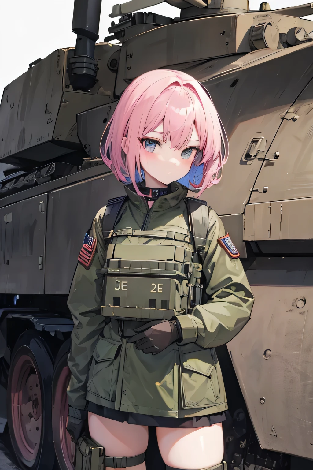 Anime girl, millitary themed, standing infront of tank, pink hair, leaning on tank facing away from you