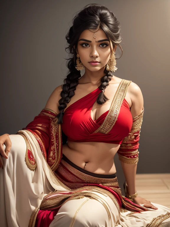 Best quality, masterpiece, Beautiful, young indian woman, teacher, college, looking straight at viewer, wearing elegant red full sleeve top and long skirt, college classroom, sitting on chair, professionalism, teen age, detailed face, detailed body, symmetric face, cute face, dynamic pose, perfect anatomy, photorealistic, curvy body, braid hair, 8k, ultra realistic, blackboard background, ambient occlusion