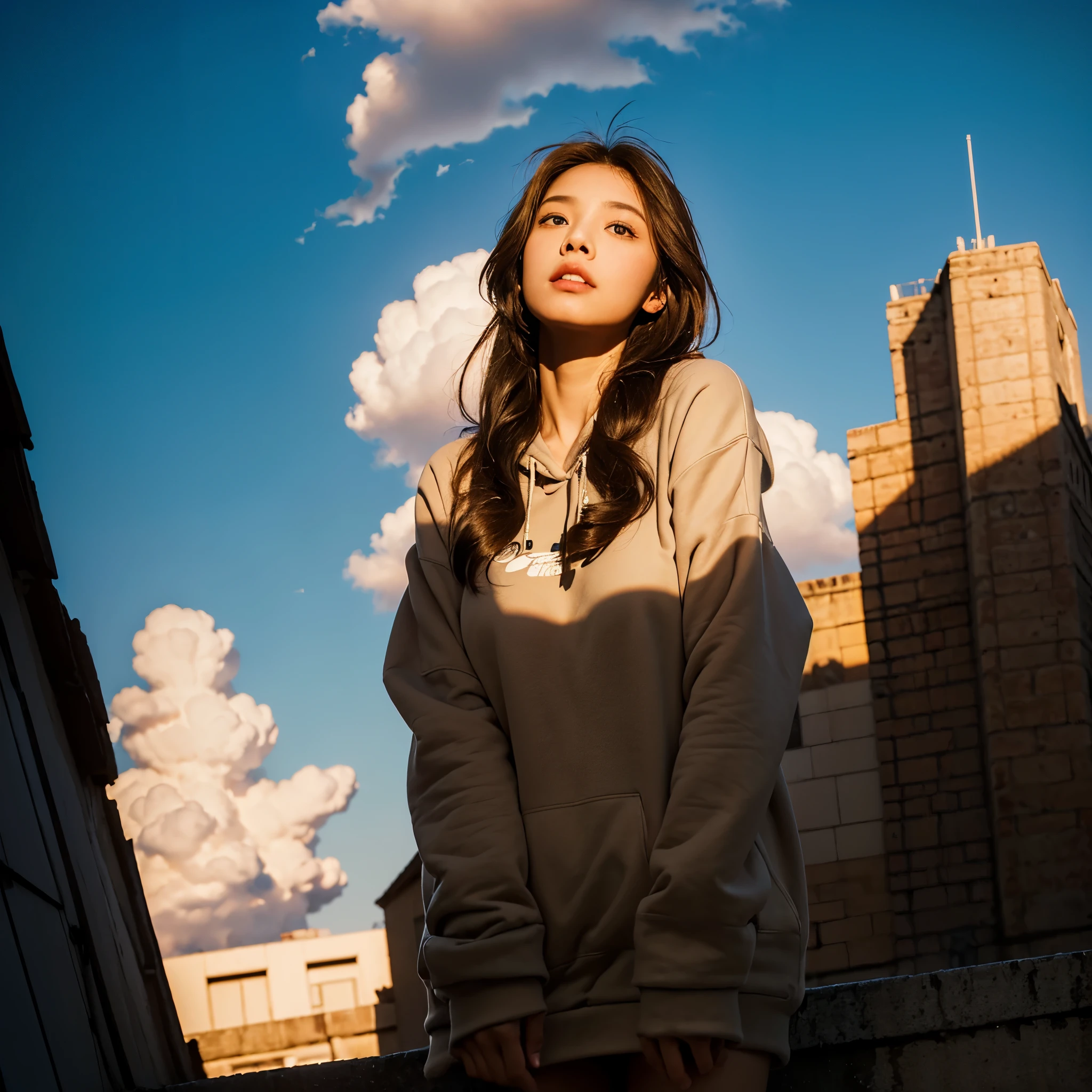 ((top-quality、8K、masterpiece:1.3))、Poster on wall that says ‘Thanks 5000 followers 💋’、 1girl in、Beautiful woman standing on snowy mountain:1.3、(brown long-haired、Colossal tits:1.4)、(Big Silhouette M51 Field Hoodie:1.5)、Super delicate face、Delicat eyes、double eyelid、Close-up of upper body from below、Sunset、large