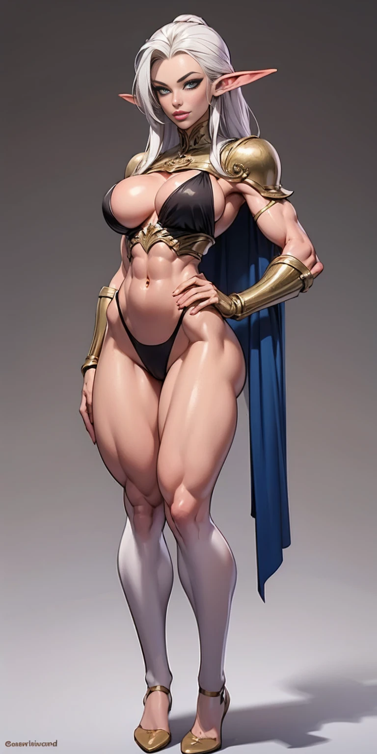 (masterpiece, best quality, plain background:1.2) full body standing height straight symmetrical looking to the viewer, view from below, cowboy shot, extremely long hair, ponytail, perfect anatomy 1girl tall solo, slim thick, ((muscular)) high elf toned body, silver breast plate, blue cape, slender abs, hourglass waist, detailed face, defined cheekbones, puffy lips, gauntlets, gold crown, shadow over eyes, white thigh highs lingerie