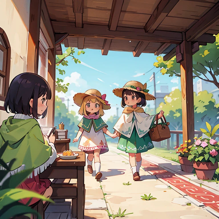 Girls wearing ponchos traveling in Mexico