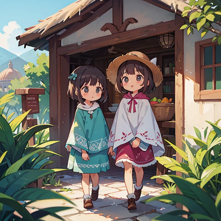 Girls wearing ponchos traveling in Mexico