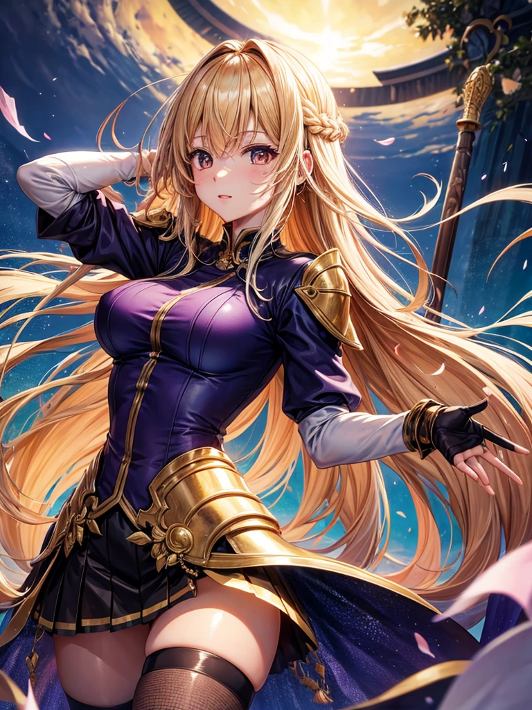(highest quality)), ((masterpiece)), (Familiar), Perfect Face,Shiny skin,Beautiful breasts,how,Shiny skin、Kyoto Animation style painting、Golden Hair、Golden Eyes、Sunburned skin、night、Holding a Japanese sword、ruins、Combat Stance、Fishnet tights、Braided Hair、spats、inner、Combat Uniform、Purple clothes、Wearing a golden aura、Golden Mist、shock wave